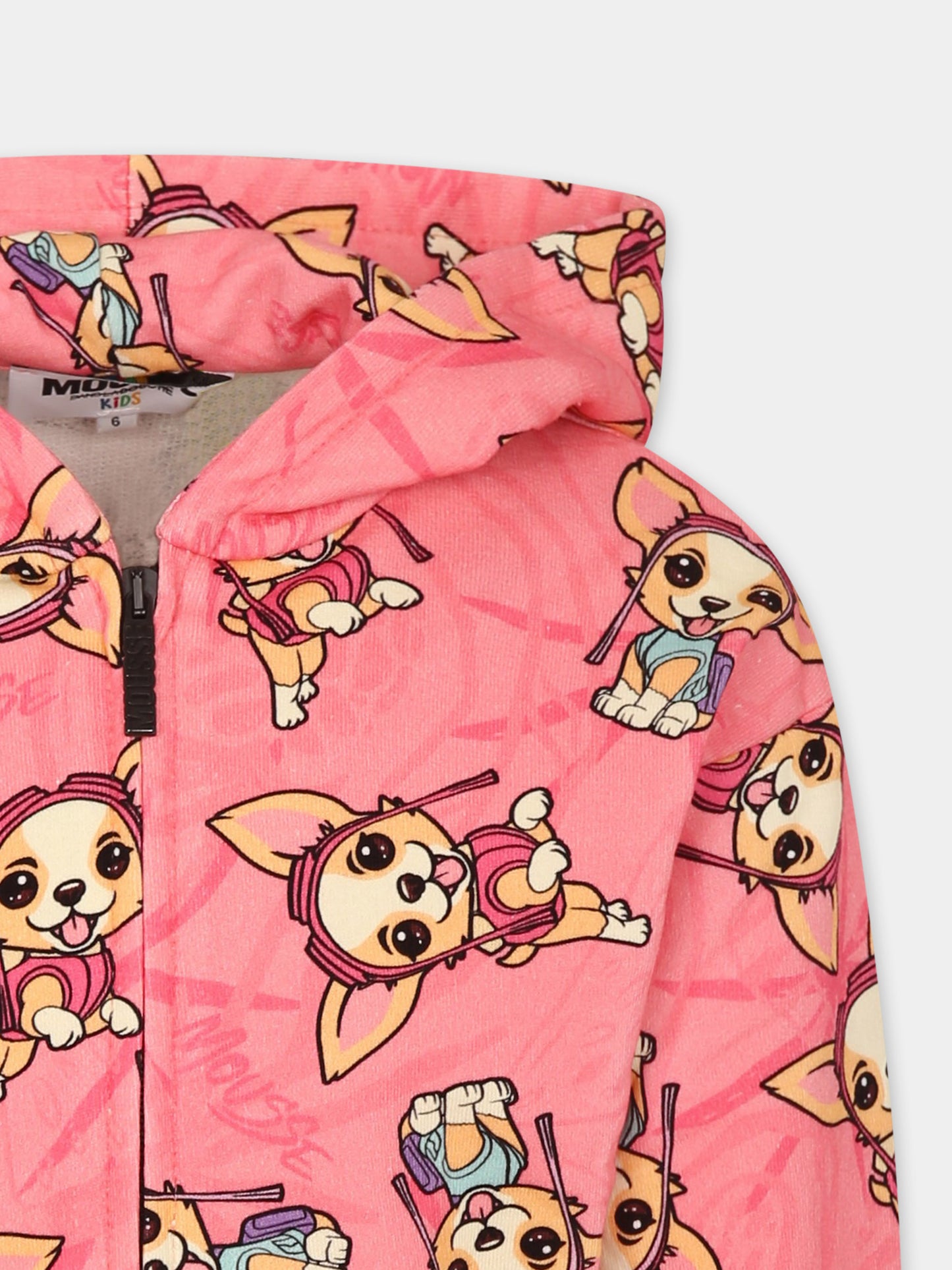 Felpa rosa per bambina con cane all over,Mousse Kids,SKHZ373