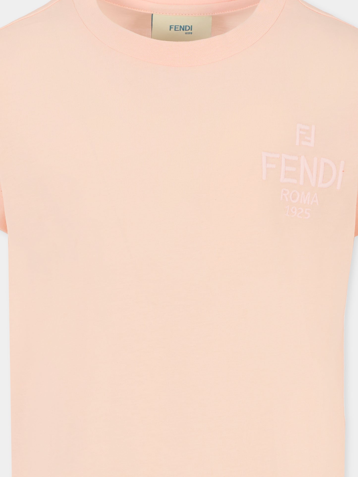 T-shirt rosa per bambina con logo ricamato,Fendi Kids,JUI190 7AJ F0ZKY
