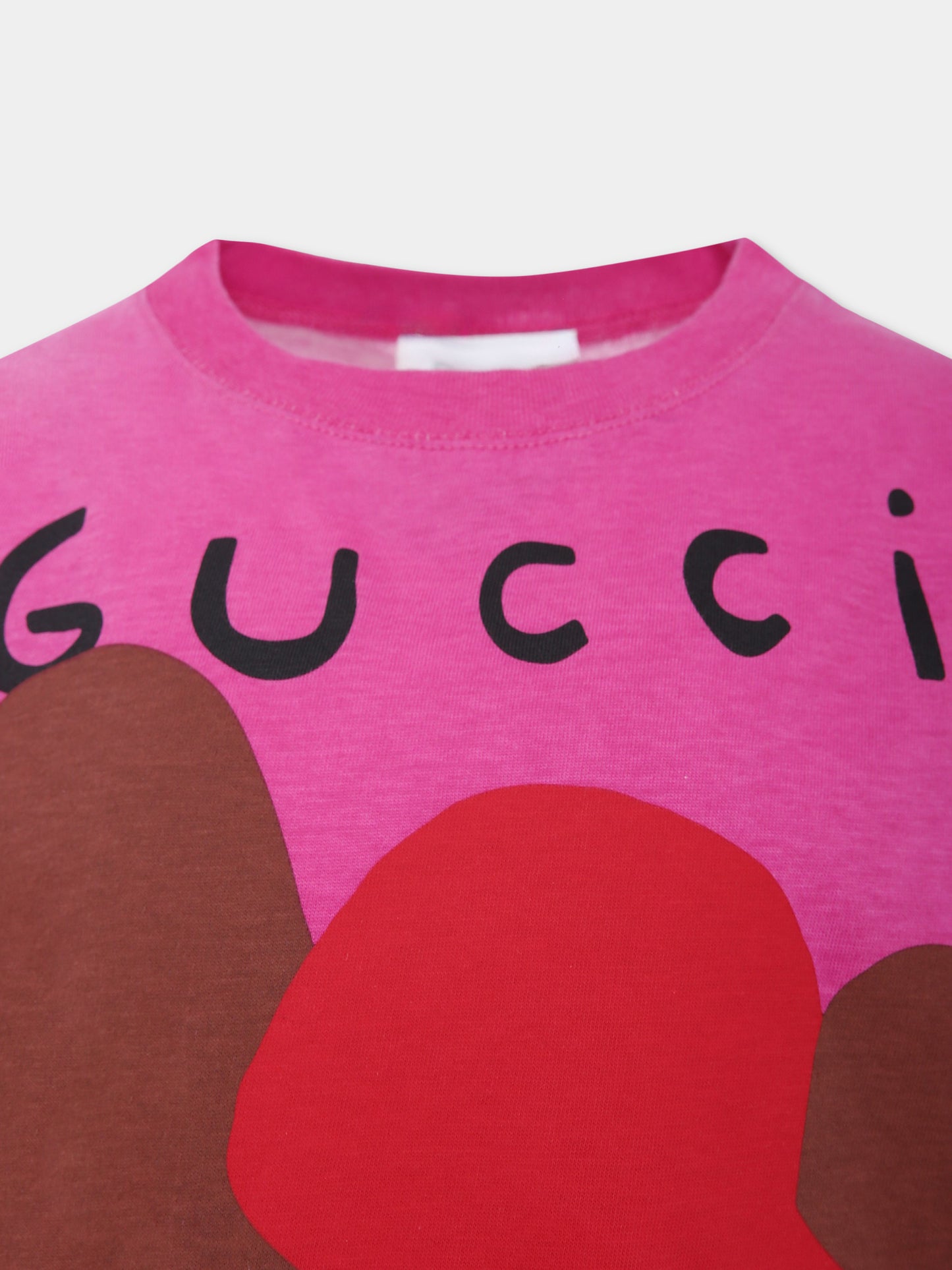 T-shirt fucsia per bambina con orso,Gucci Kids,575114 XJHFN 9016