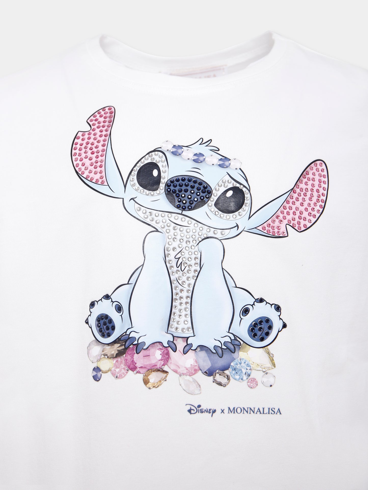 T-shirt bianca per bambina con stampa Stitch e strass,Monnalisa,19F610 6013 0001