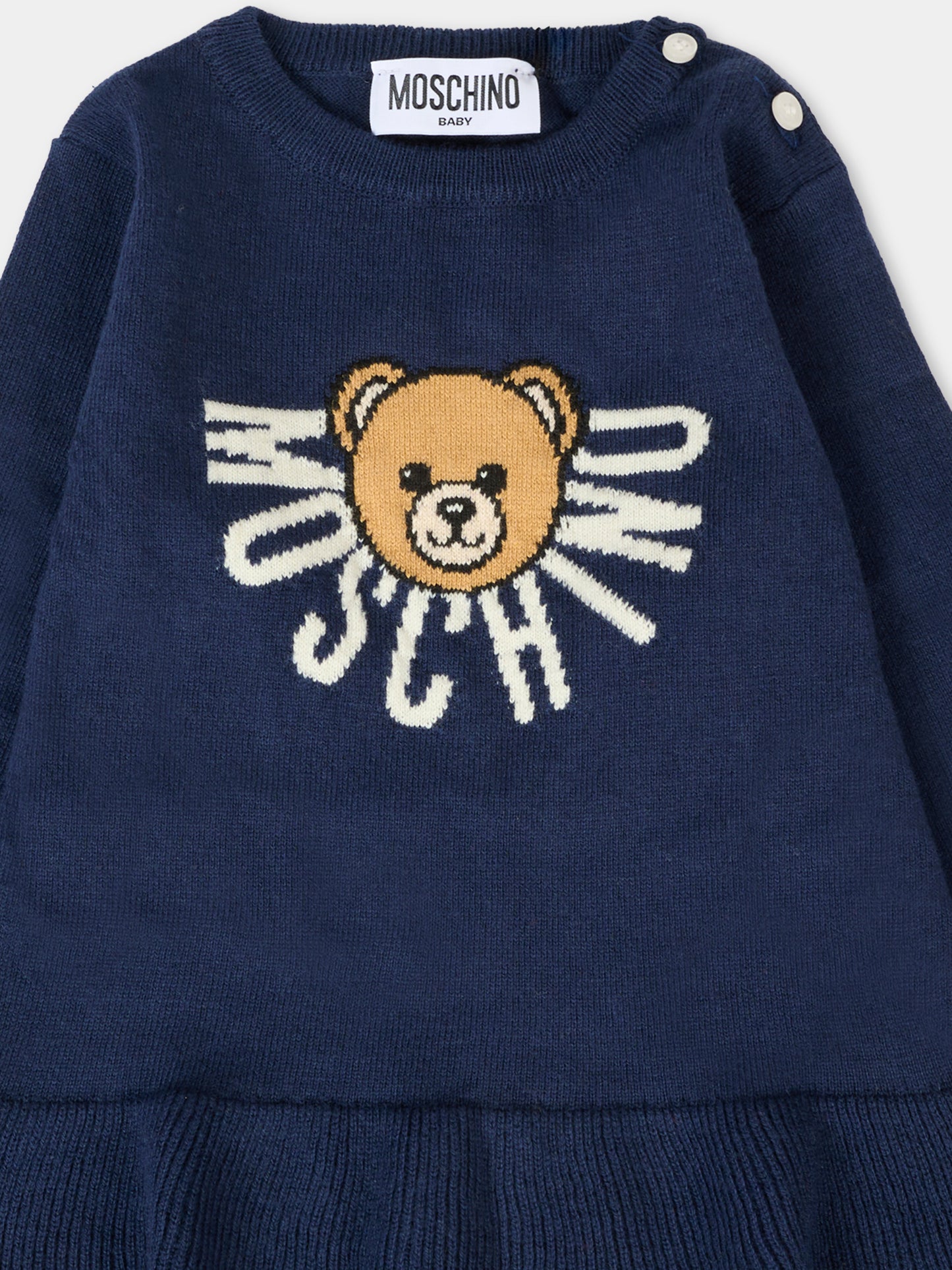 Vestito blu per neonata con Teddy Bear,Moschino Kids,MDV0CT LHE43 40016