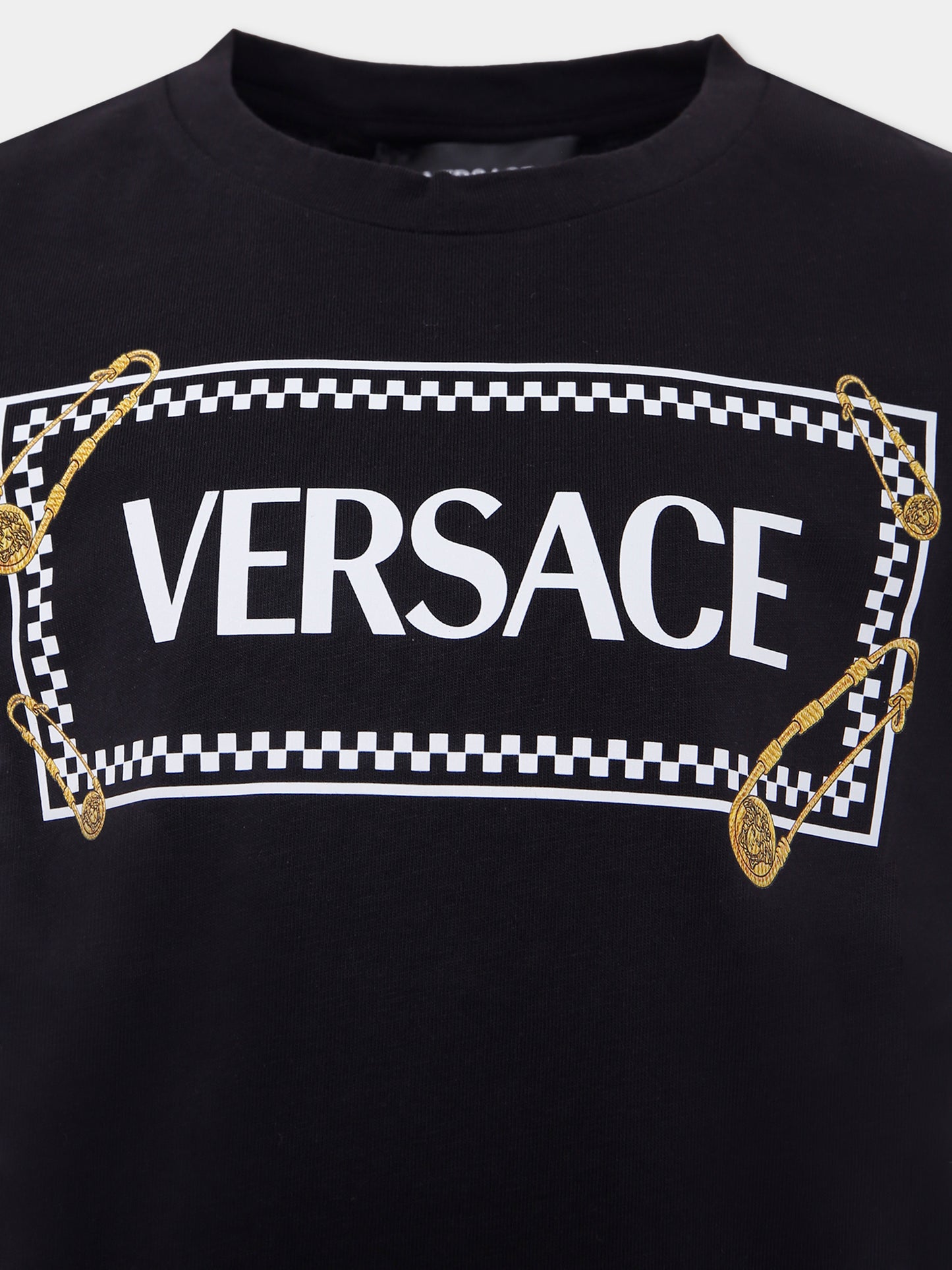 T-shirt nera con '90 vintage logo e spille per bambini,Versace,1018342 1A14910 2BV60