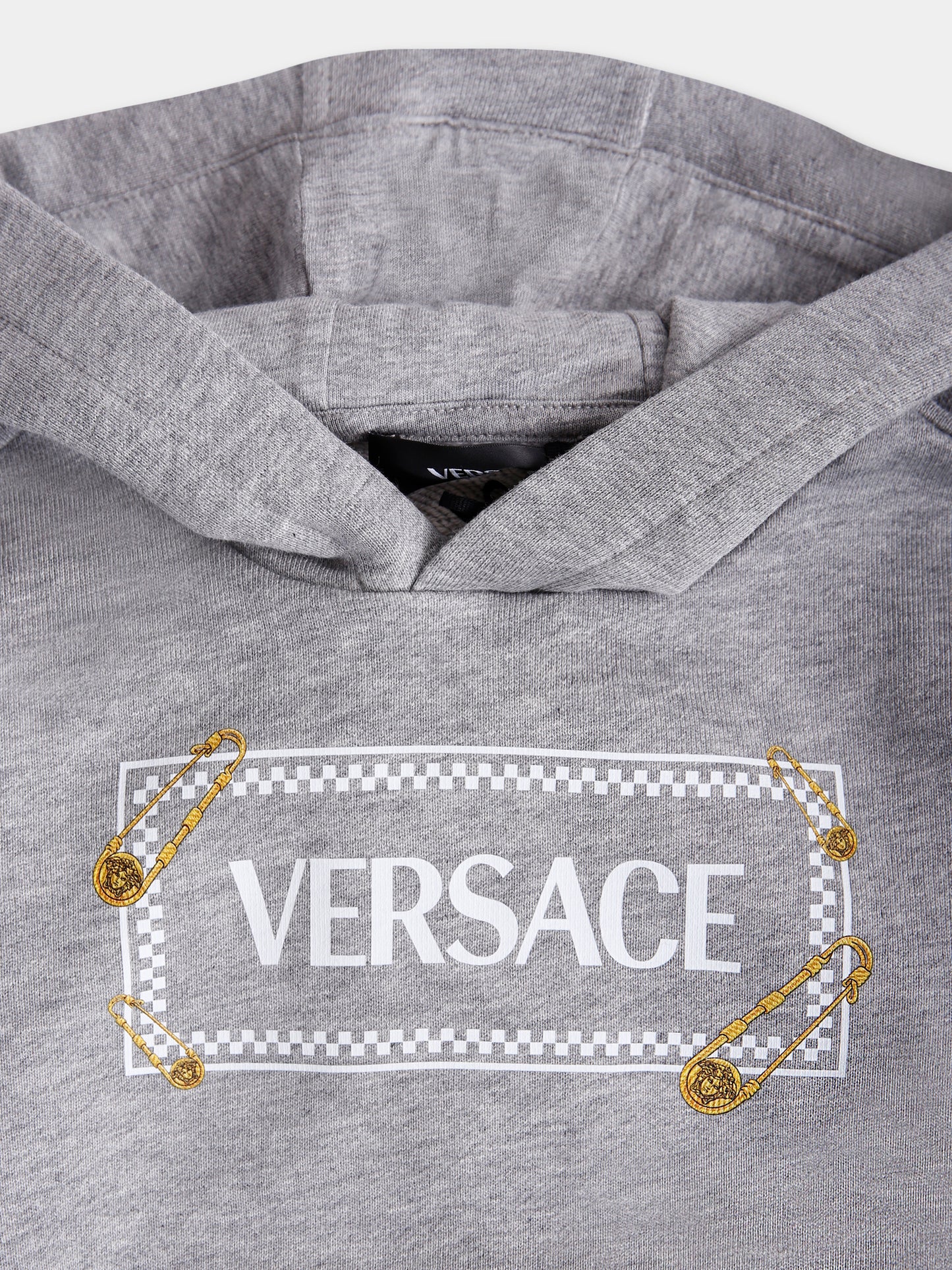 Felpa grigia con cappuccio e '90 vintage logo con spille per neonati,Versace,1018574 1A15324 2ES70