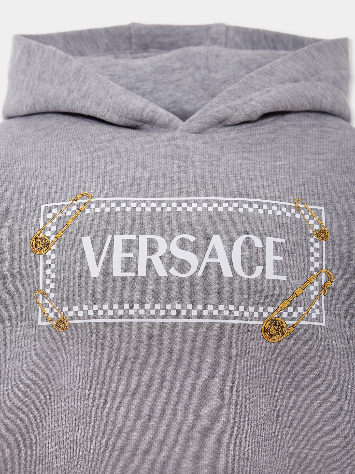 Felpa grigia con cappuccio e '90 vintage logo con spille per bambini,Versace,1018574 1A15324 2ES70