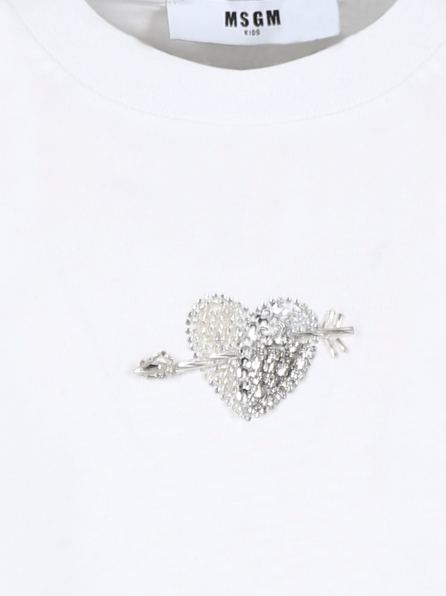 T-shirt bianca per bambina con cuore e cristalli,Msgm Kids,F4MSJGTH117 001