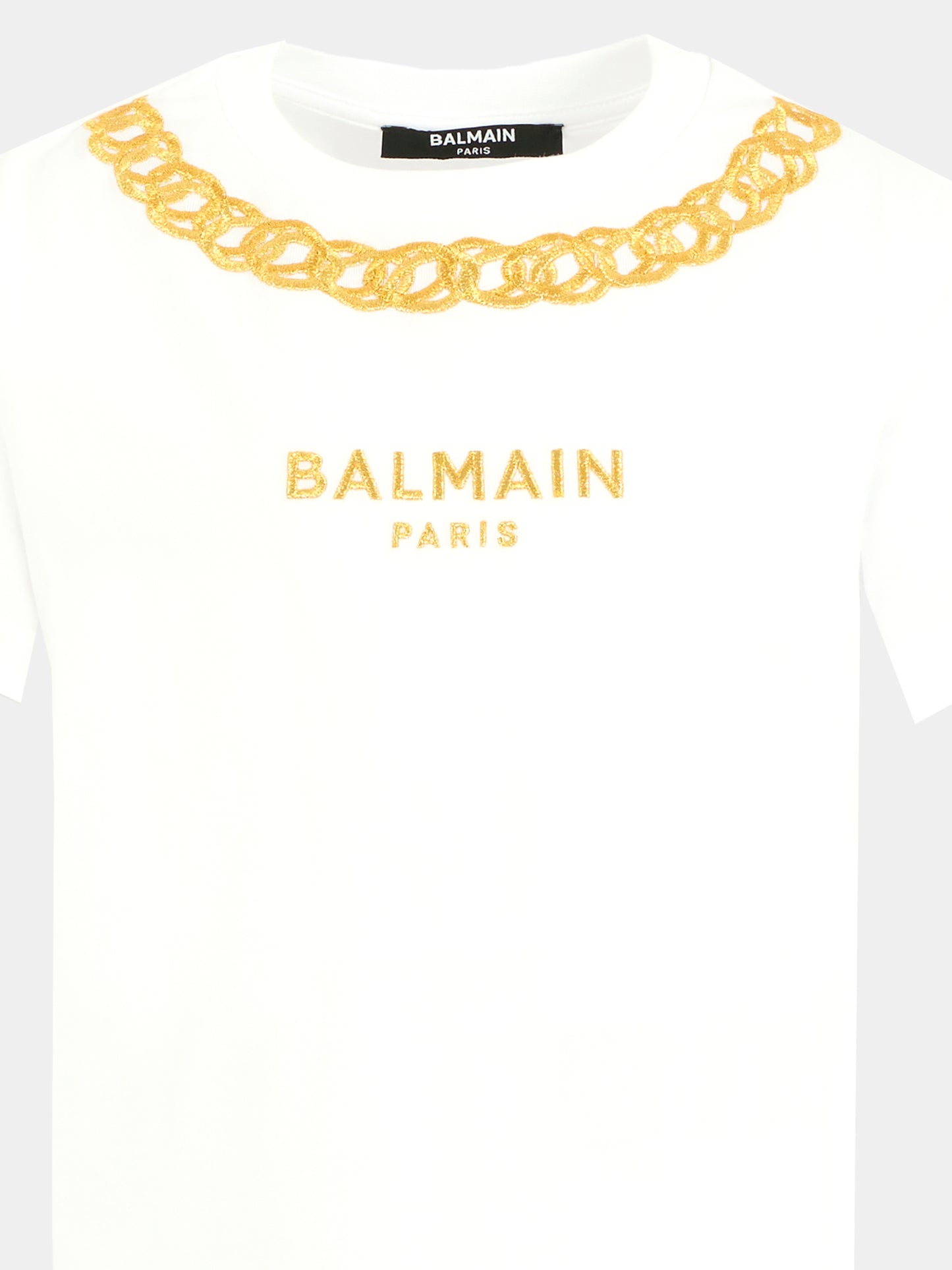 T-shirt bianca per bambina con catena e logo ricamati,Balmain Kids,BX8B71-Z3186 100OR