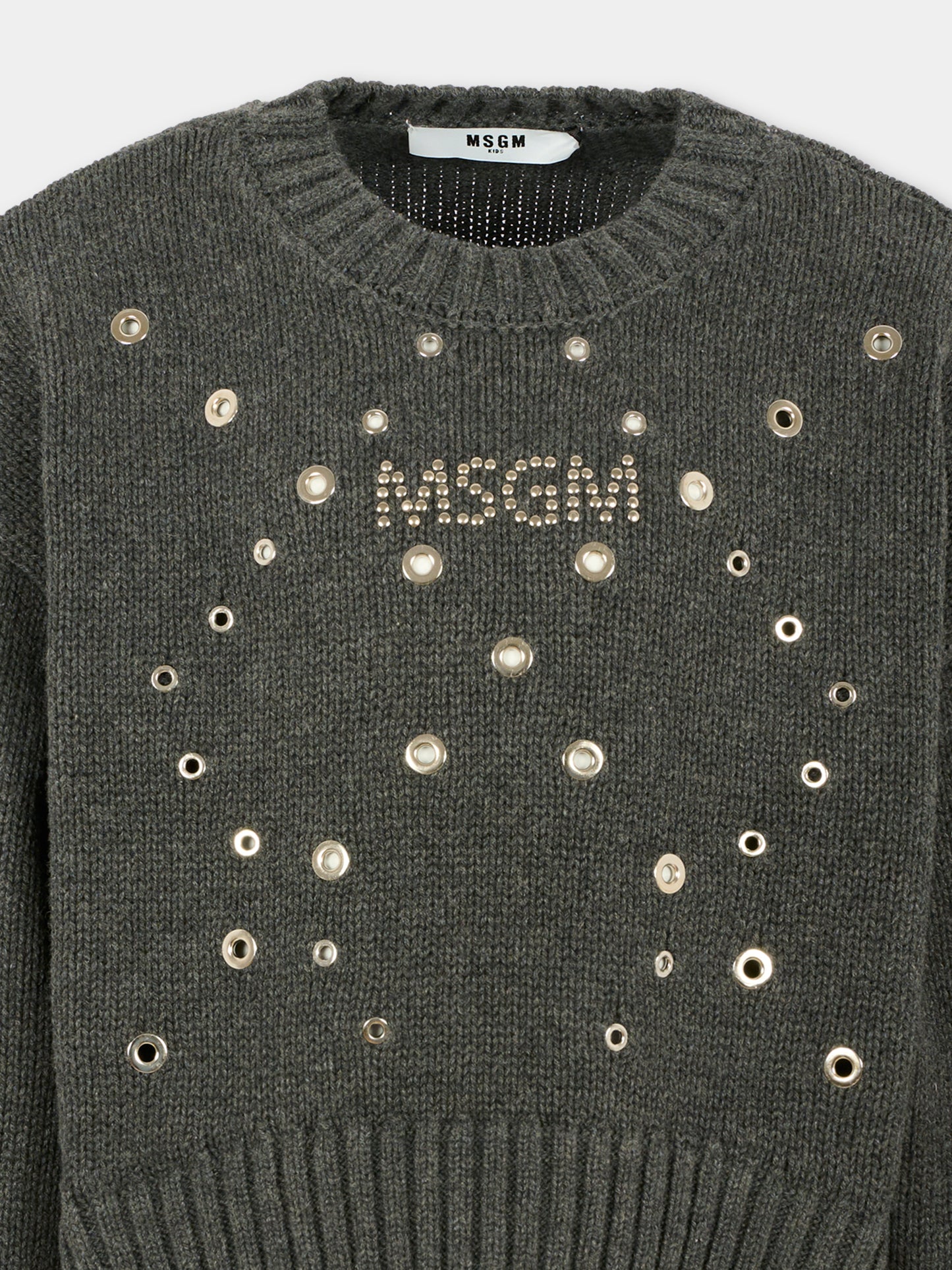 Maglione grigio per bambina con logo e borchie,Msgm Kids,F5MSJGJP037 104