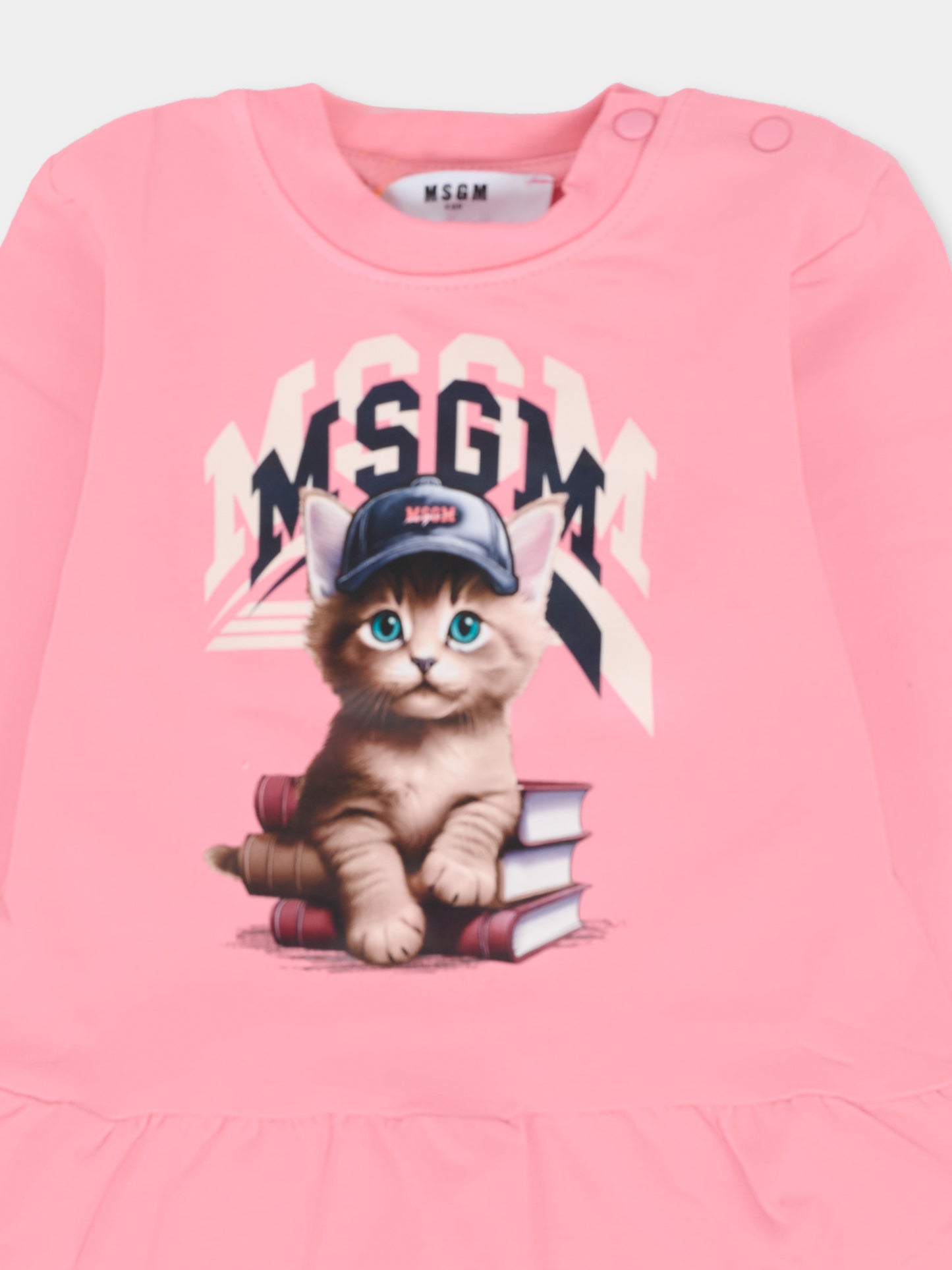 Vestito rosa per neonata con gatto e logo,Msgm Kids,F5MSNGDR289 MS038