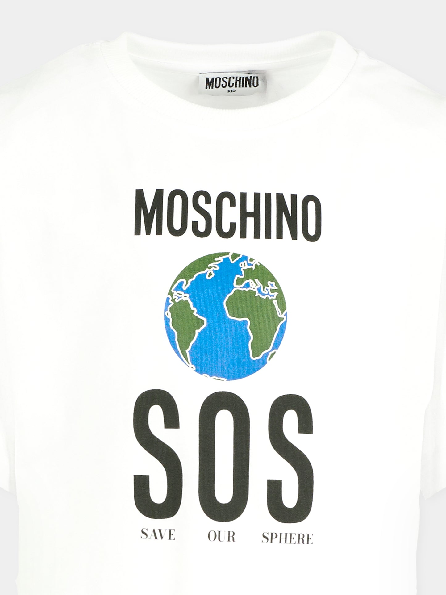 T-shirt bianca per bambino con pianeta terra,Moschino Kids,HDM071 LAA10 10101