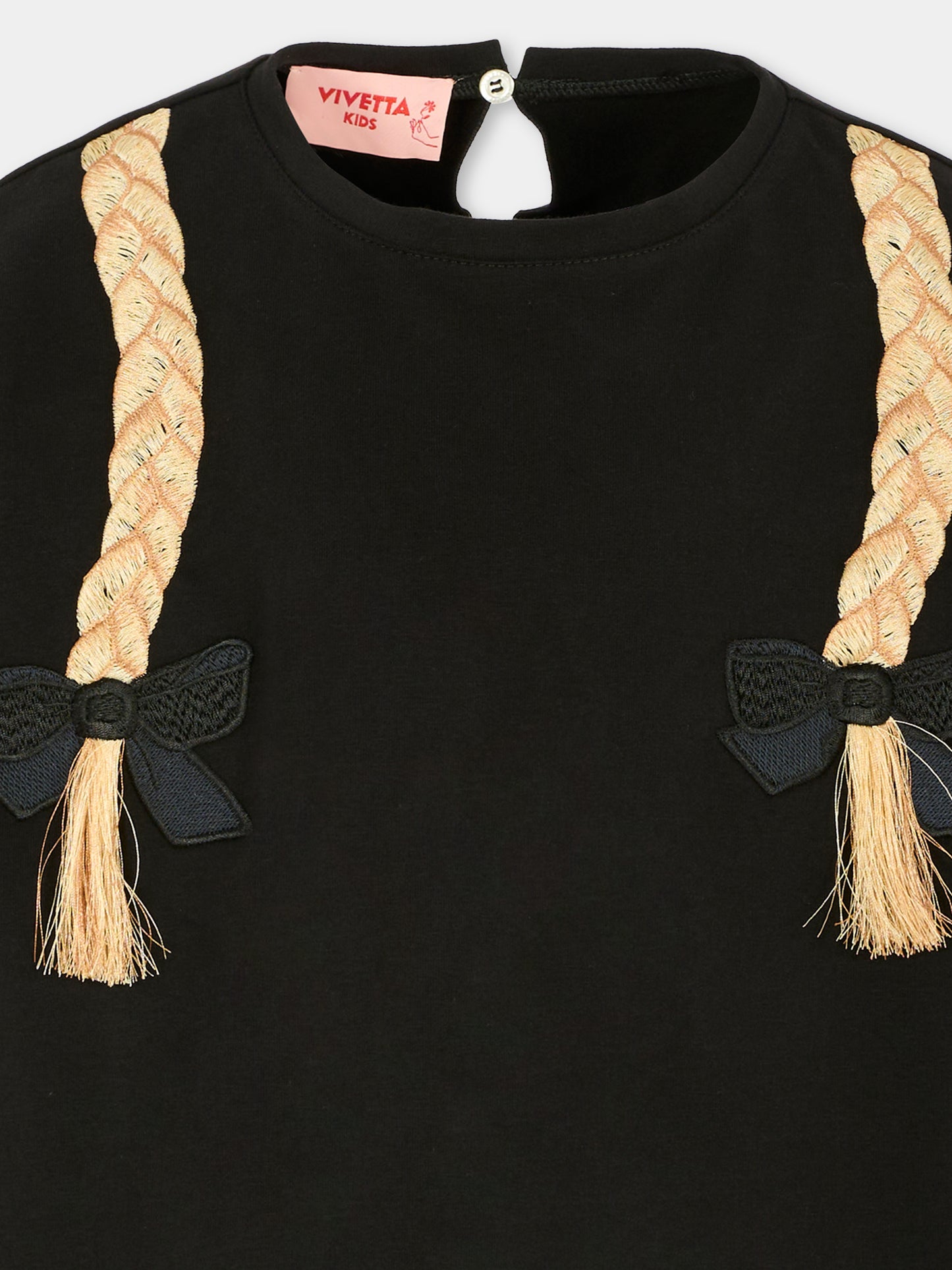 Felpa nera per bambina con trecce,Vivetta Kids,VI2565N