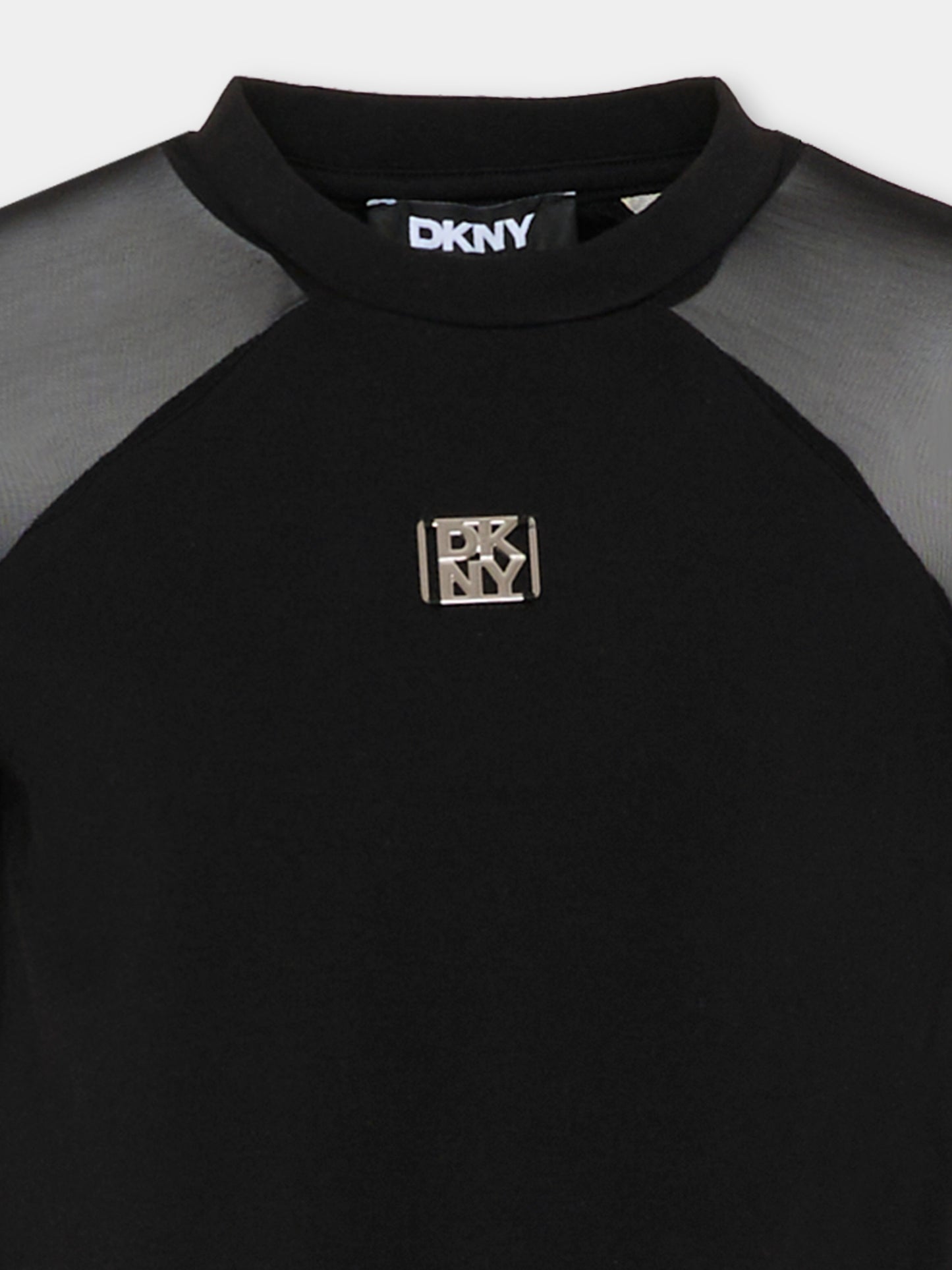 Vestito nero per bambina con logo argento,Dkny,D62627 09B