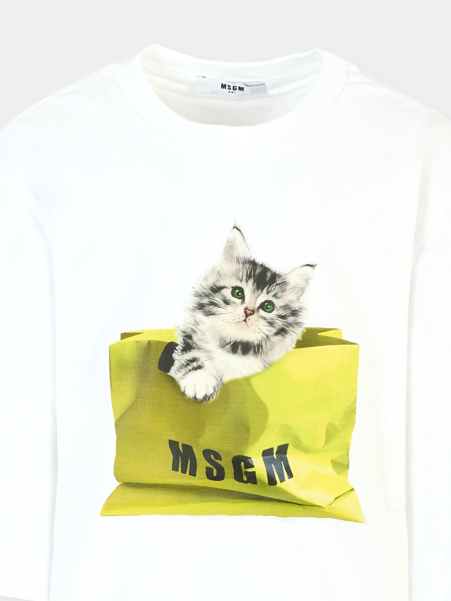 T-shirt crop bianca per bambina con gatto,Msgm Kids,MS029453 001