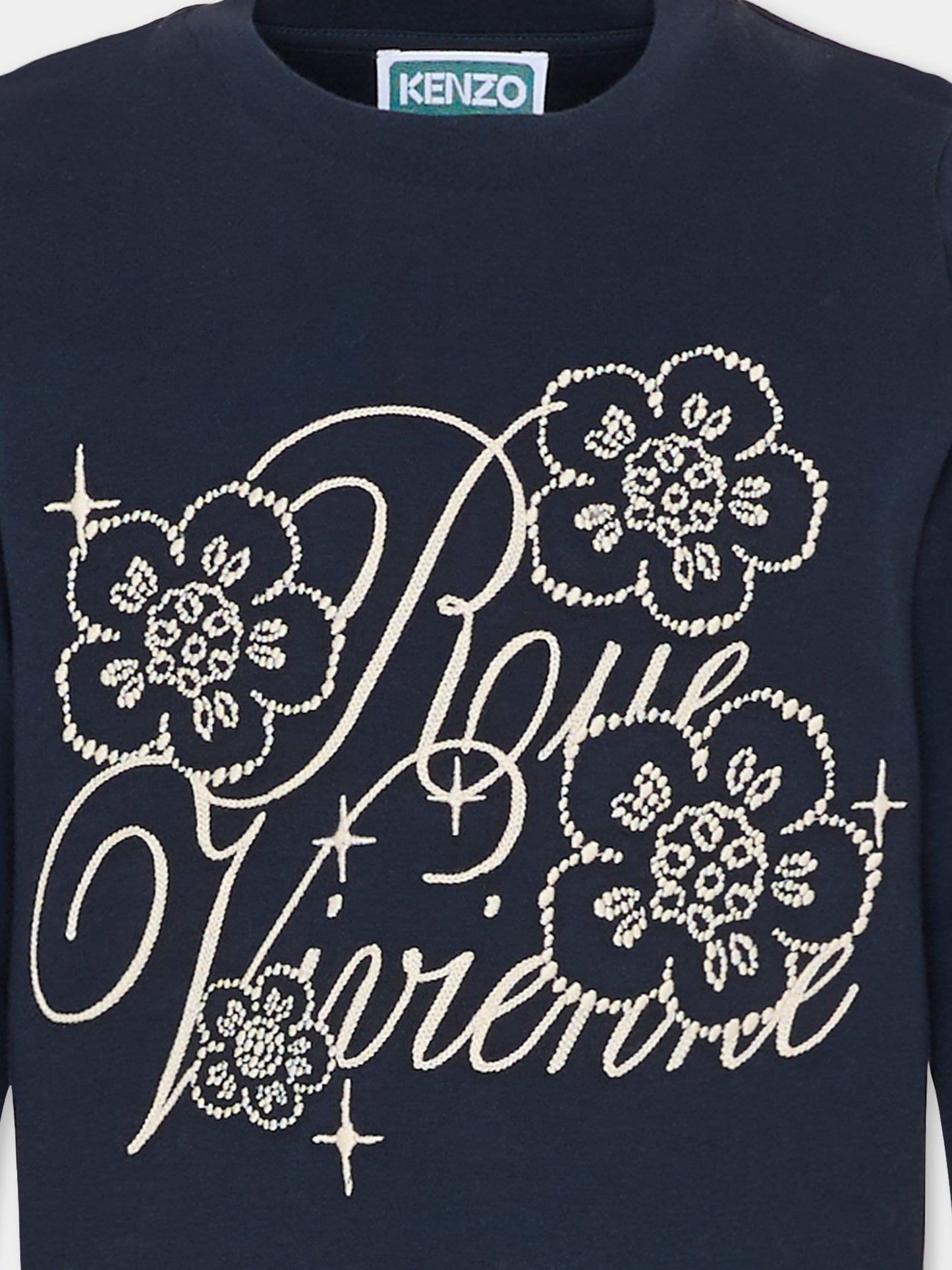 T-shirt blu per bambina con fiori bianchi,Kenzo Kids,K61368 845