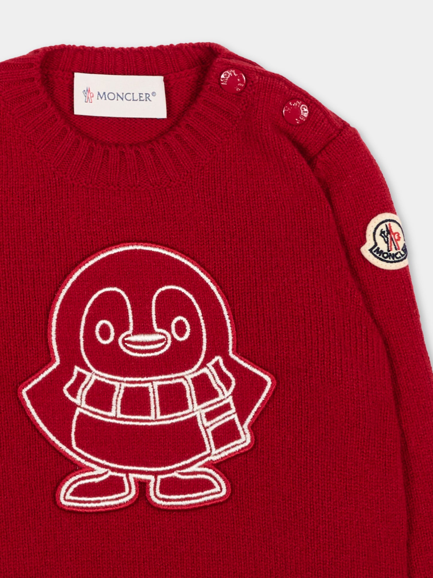 Maglione rosso per neonato con pinguino,Moncler Kids,L2951 9C00002 M4281 457