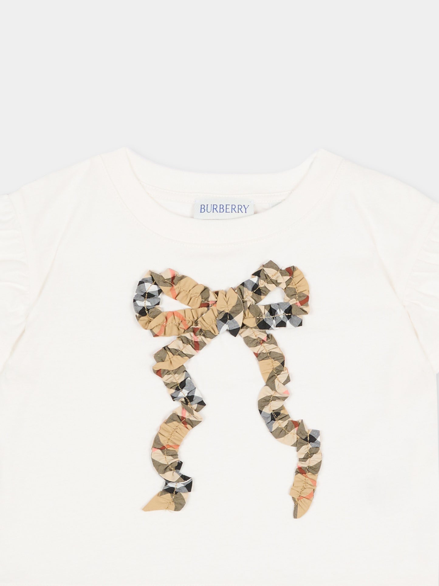 T-shirt ivoire pour Bébé Fille avec nœud à carreaux vintage