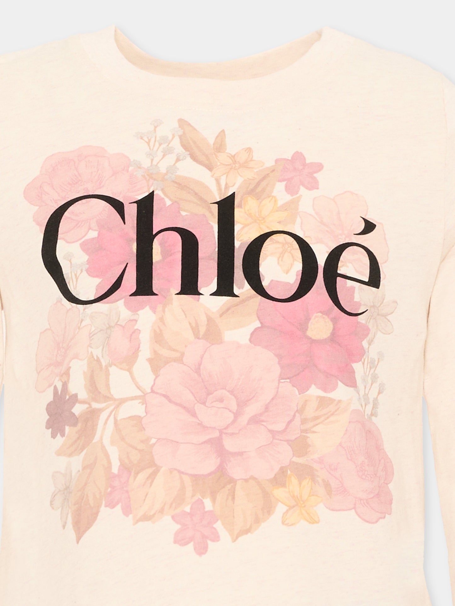 T-Shirt beige per bambina con logo floreale,Chloé Kids,C21304 B39