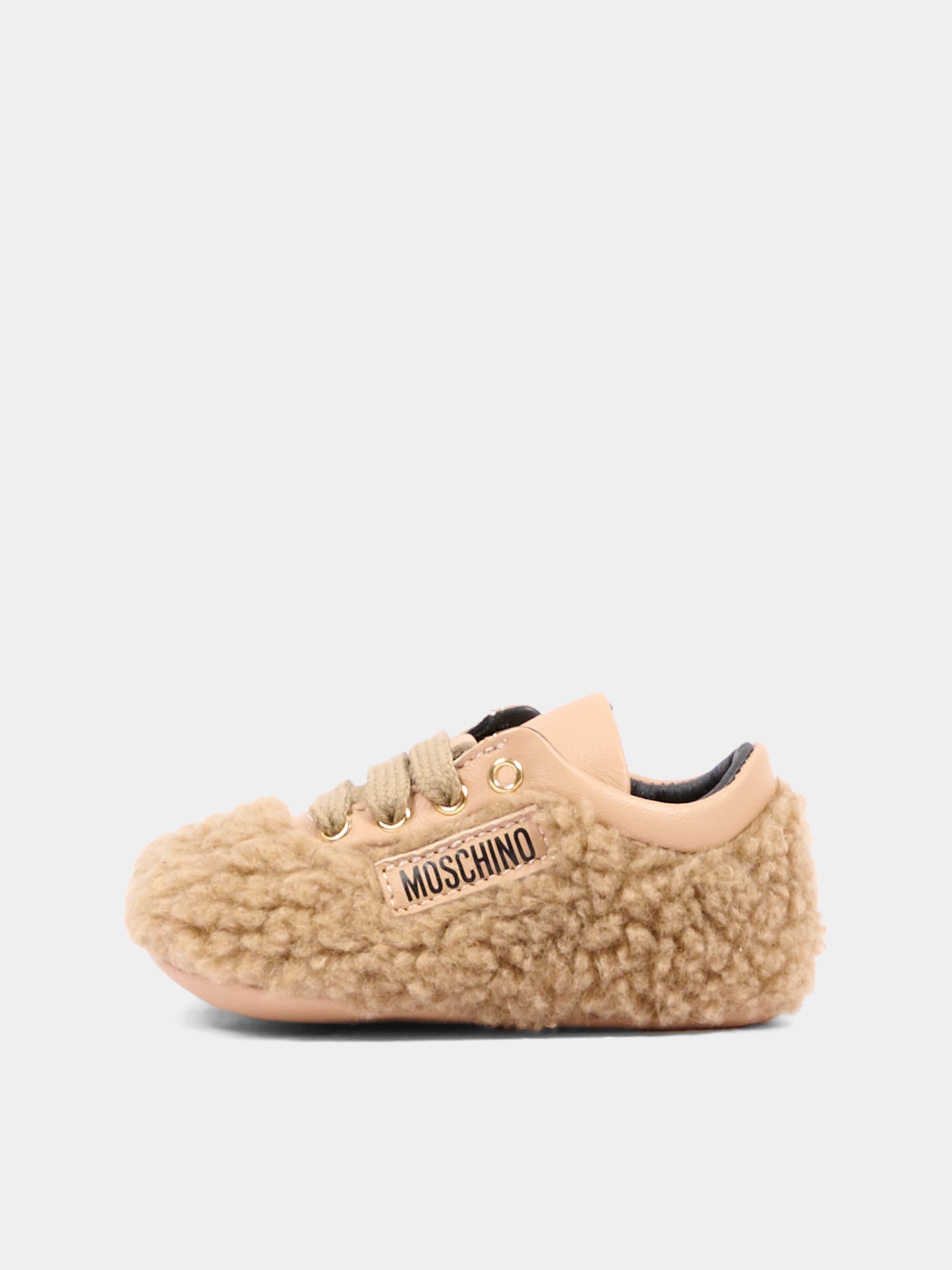 Sneakers beige per neonati effetto peluche,Moschino Kids,84055 VAR1