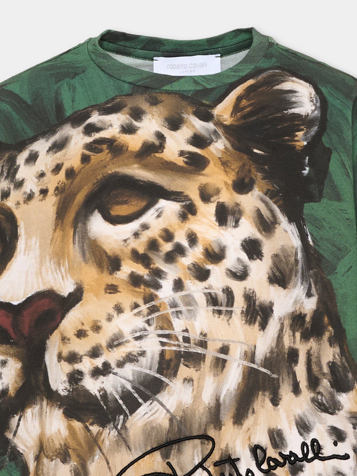 T-shirt verde per bambina con leopardo,Roberto Cavalli Kids,CGA26084TS BLACK