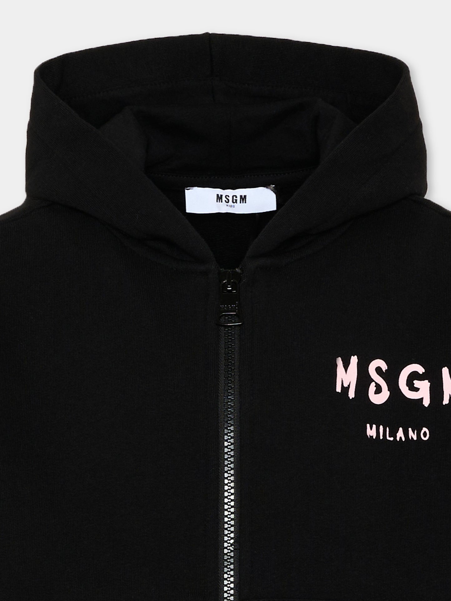 Felpa nera con cappuccio per bambina con logo,Msgm Kids,S6MSJUZH065 110/88