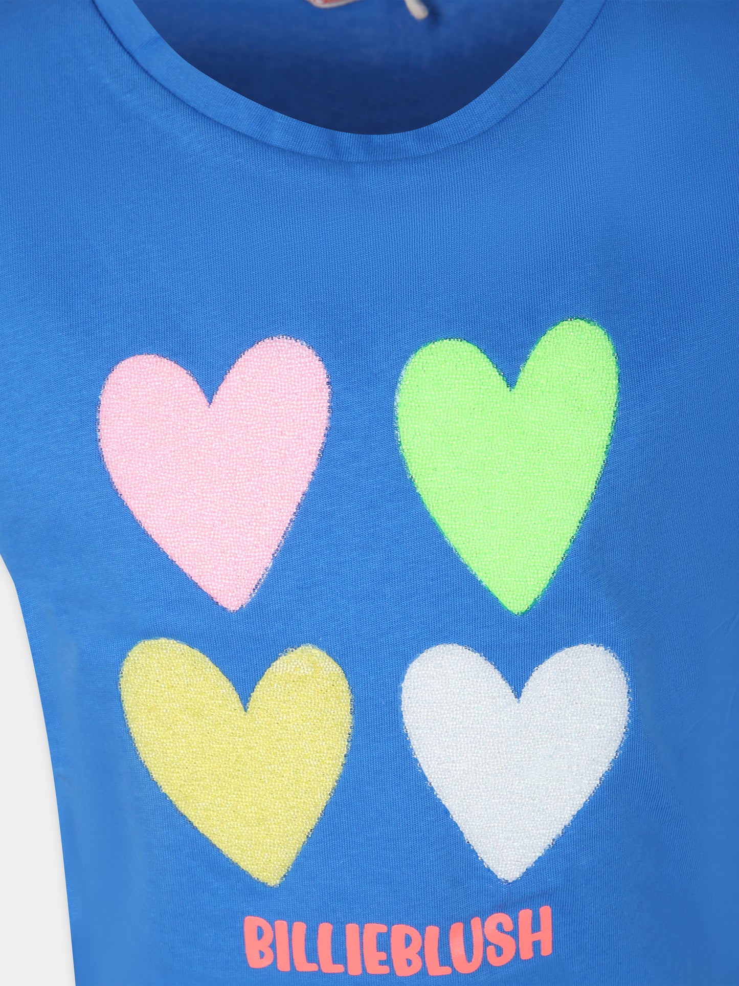 T-shirt azzurra con cuori multicolor e logo,Billieblush,U20087 81K