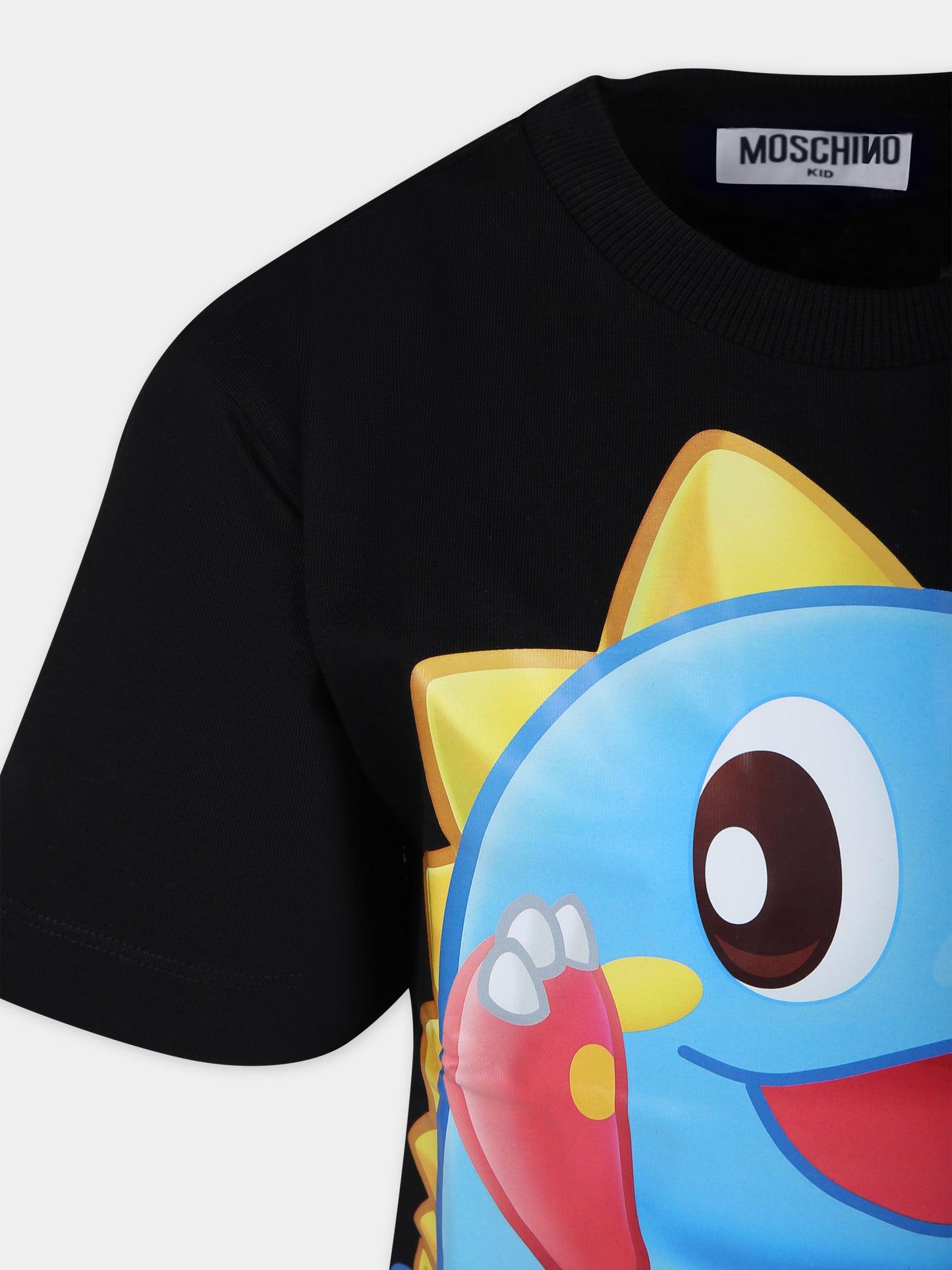 T-shirt nera per bambini con draghetto Puzzle Bobble e logo,Moschino Kids,HYM03R LAA02 60100