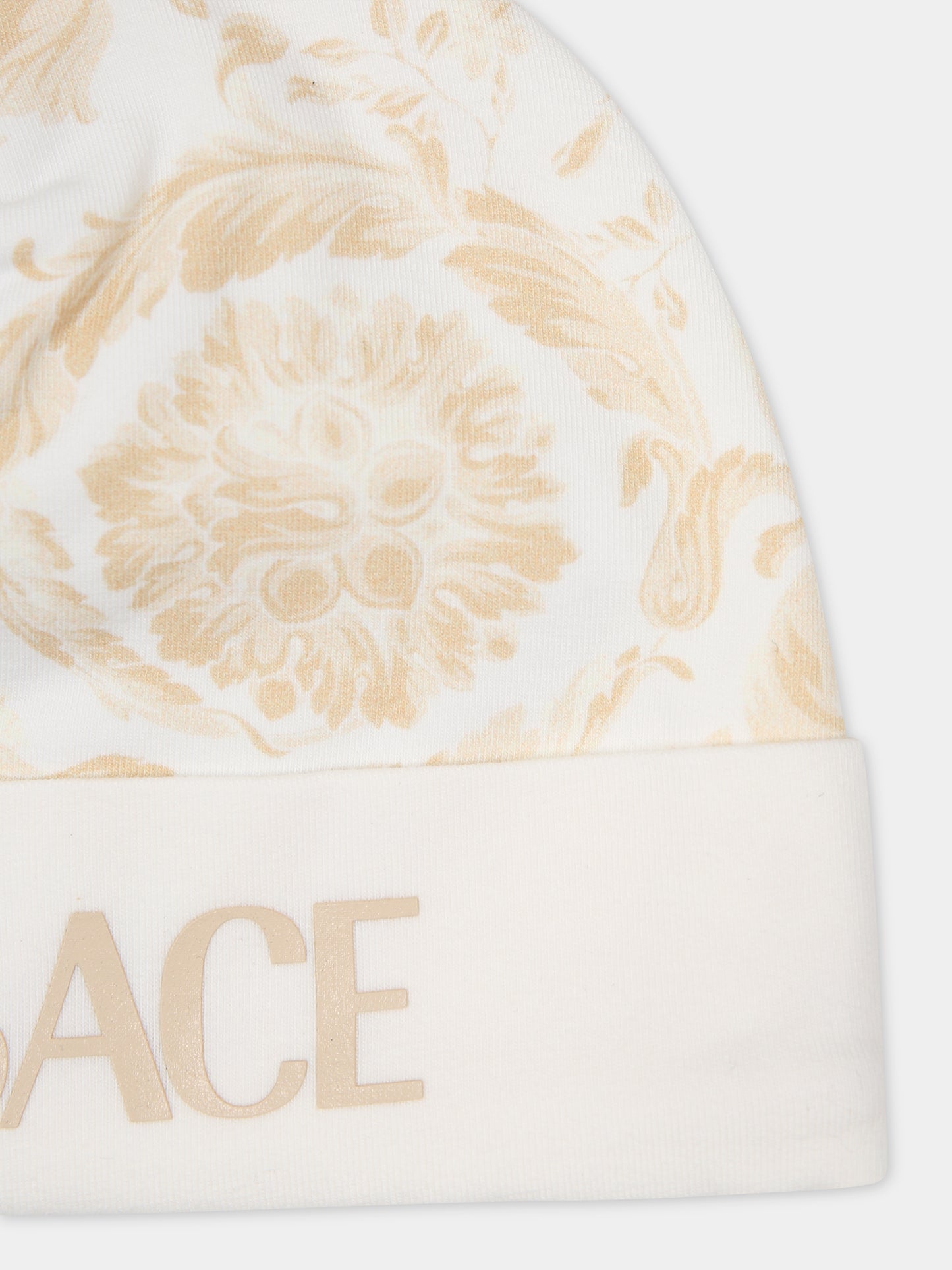 Cappello beige per neonato con stampa barocco,Versace,1000296 1A09525 2WJ70