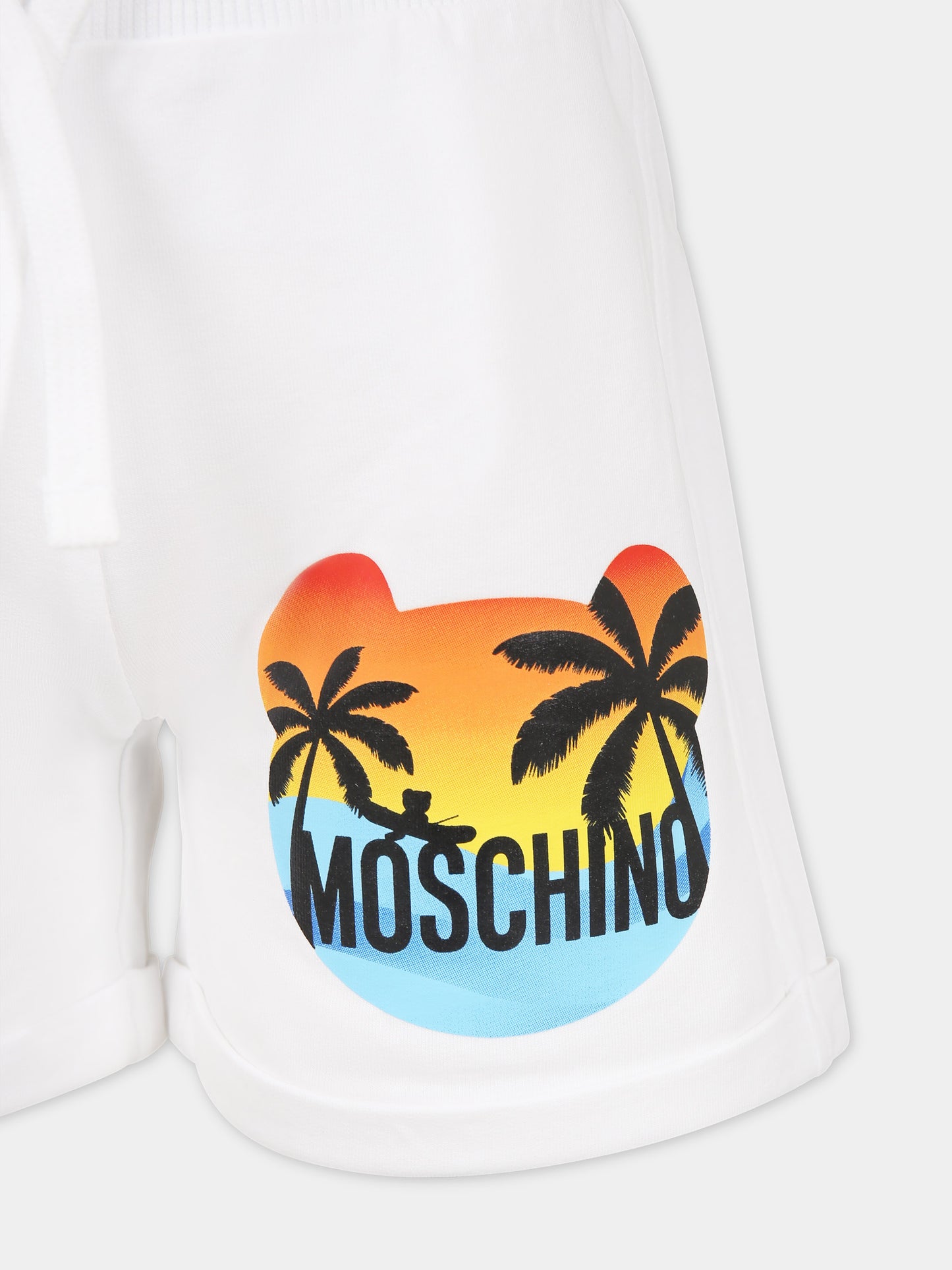 Shorts bianco per bambina con stampa multicolor e logo,Moschino Kids,HDQ01H LDA13 10101