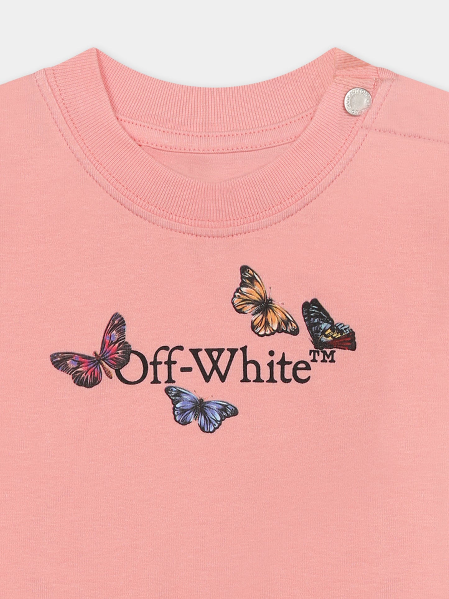 T-shirt rosa per neonata con logo e farfalle,Off White,OGXB001S25JER0023010
