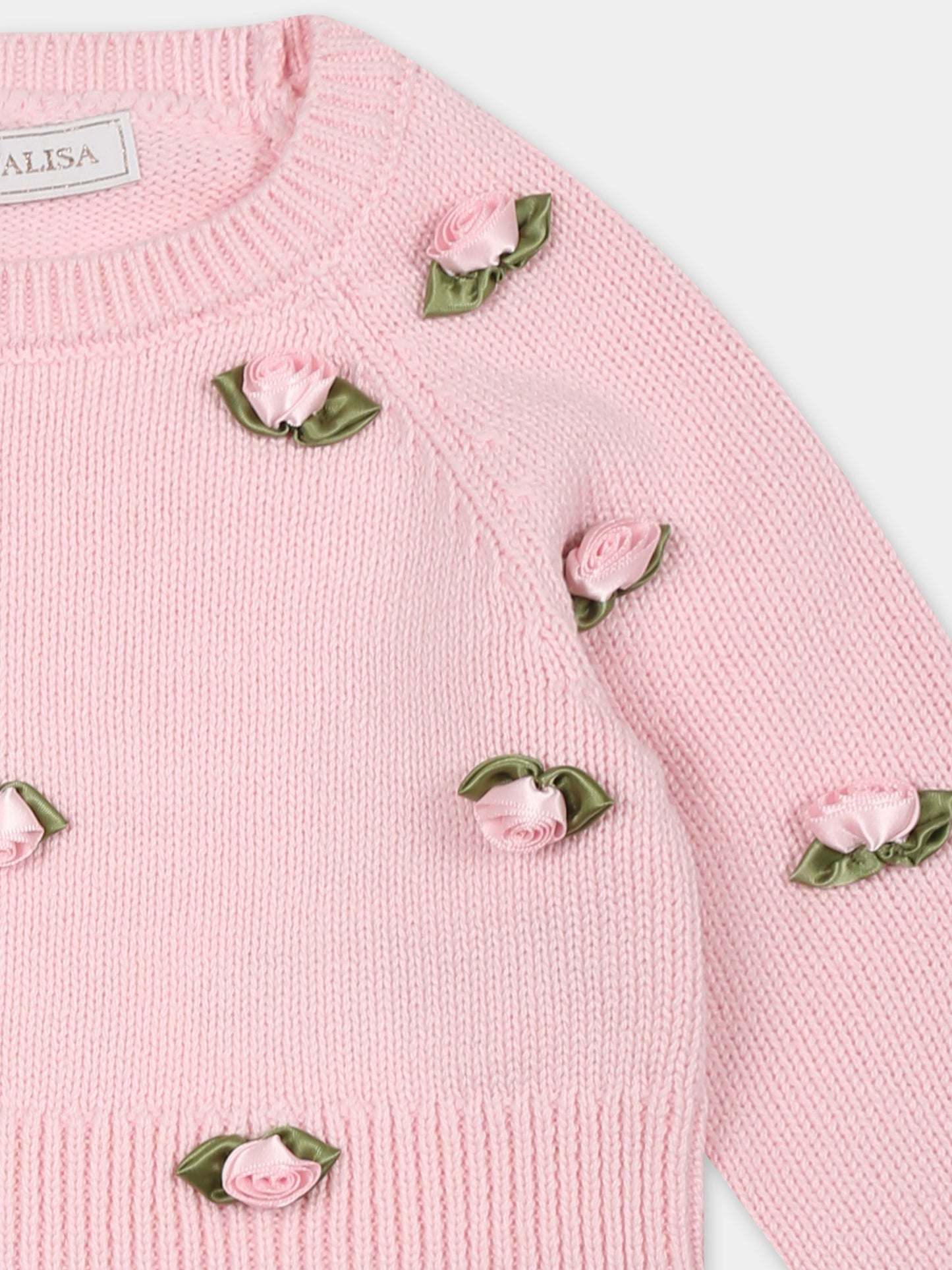 Maglione rosa per neonata con roselline,Monnalisa,39E606 5061 0090