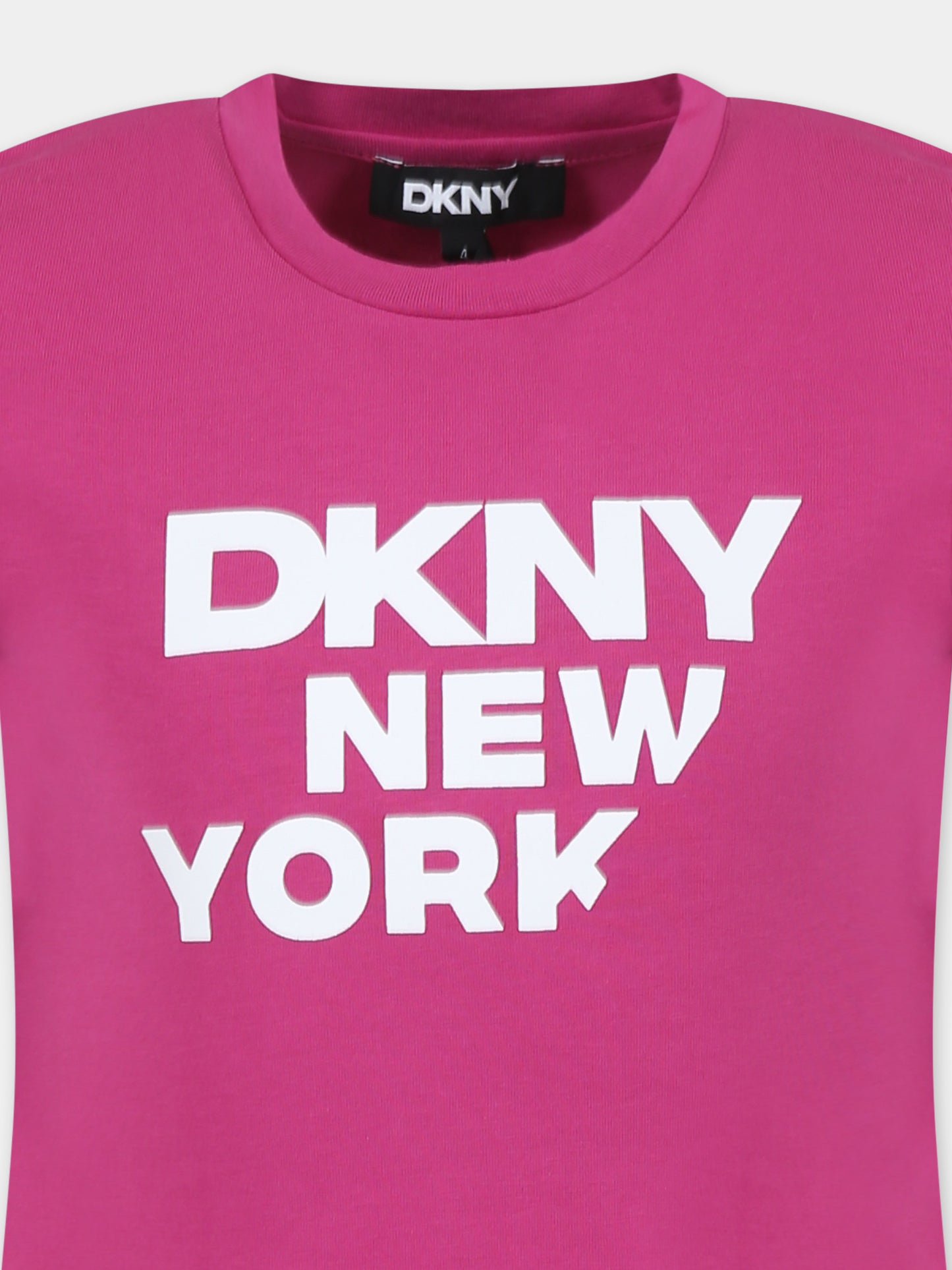 T-shirt fucsia per bambina con logo e scritta,Dkny,D62304 469