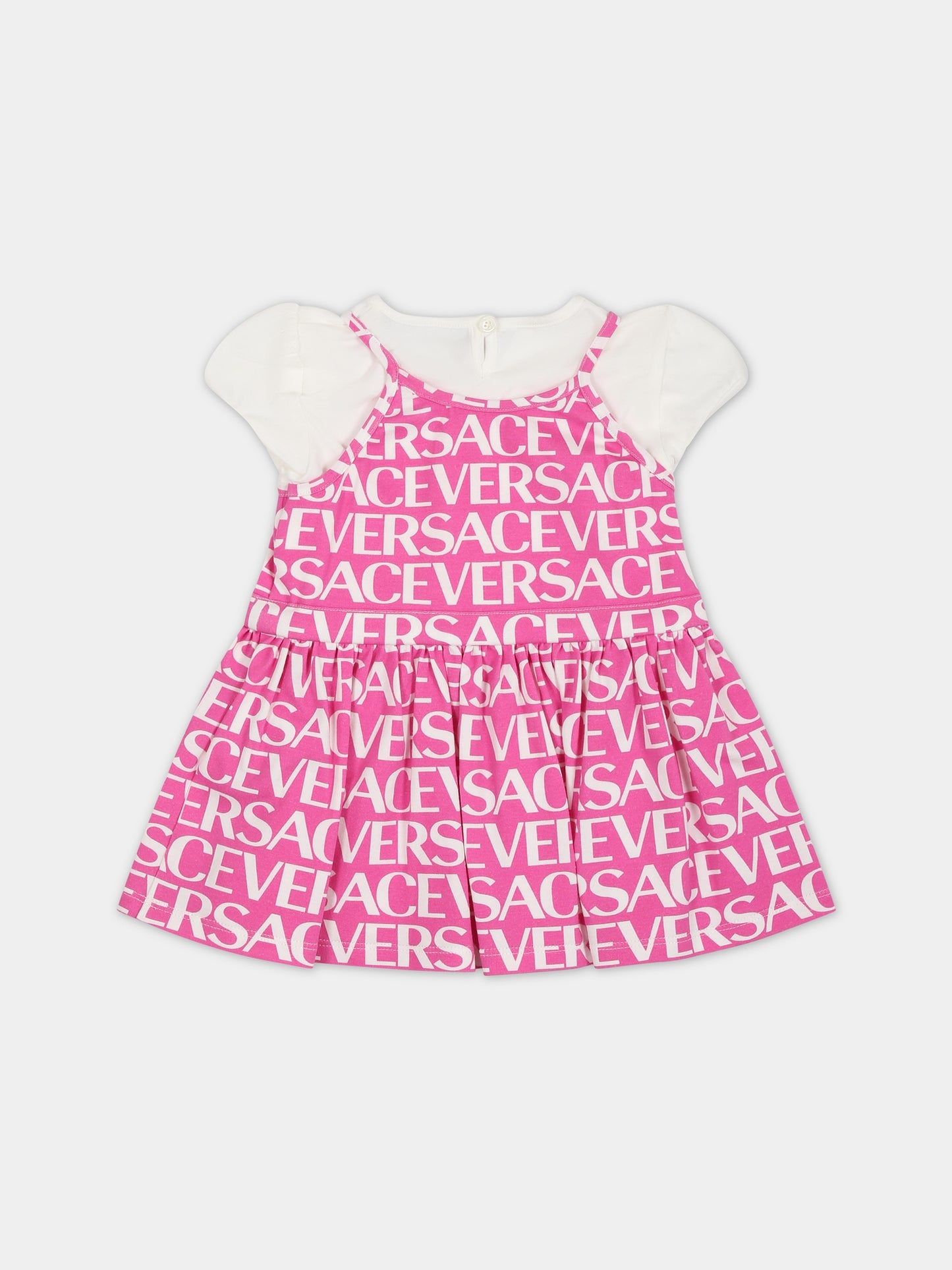 Abito fucsia per neonata con stampa logo,Versace,1003849 1A06466 2W310