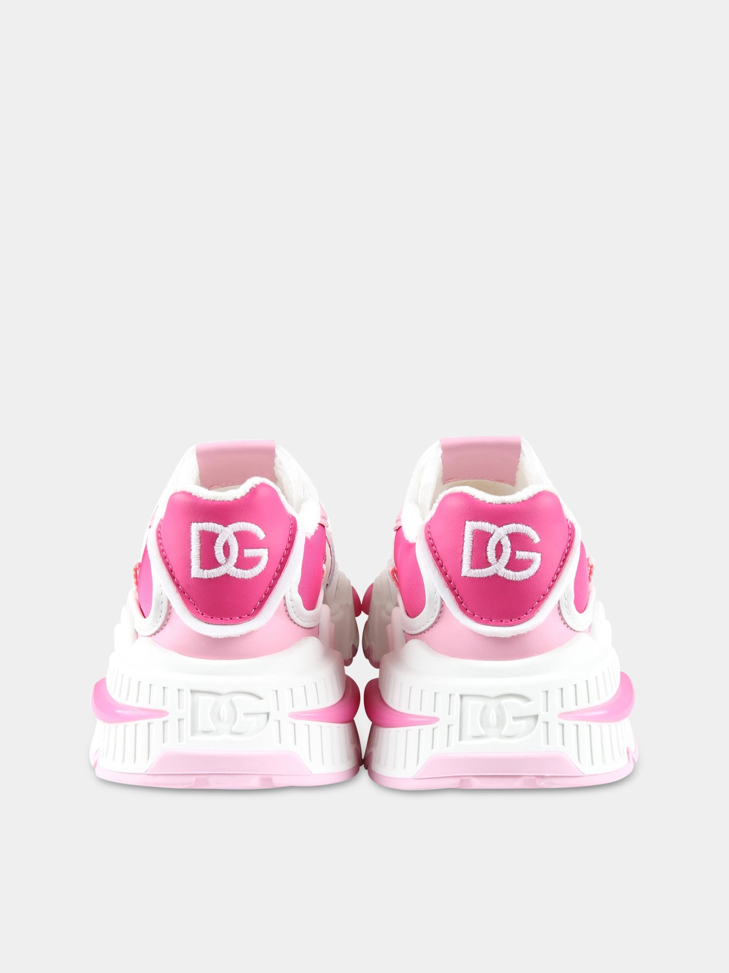 Sneakers bianche per bambina con dettagli rosa e fucsia,Dolce & Gabbana Kids,DA5118 AA399 8V436