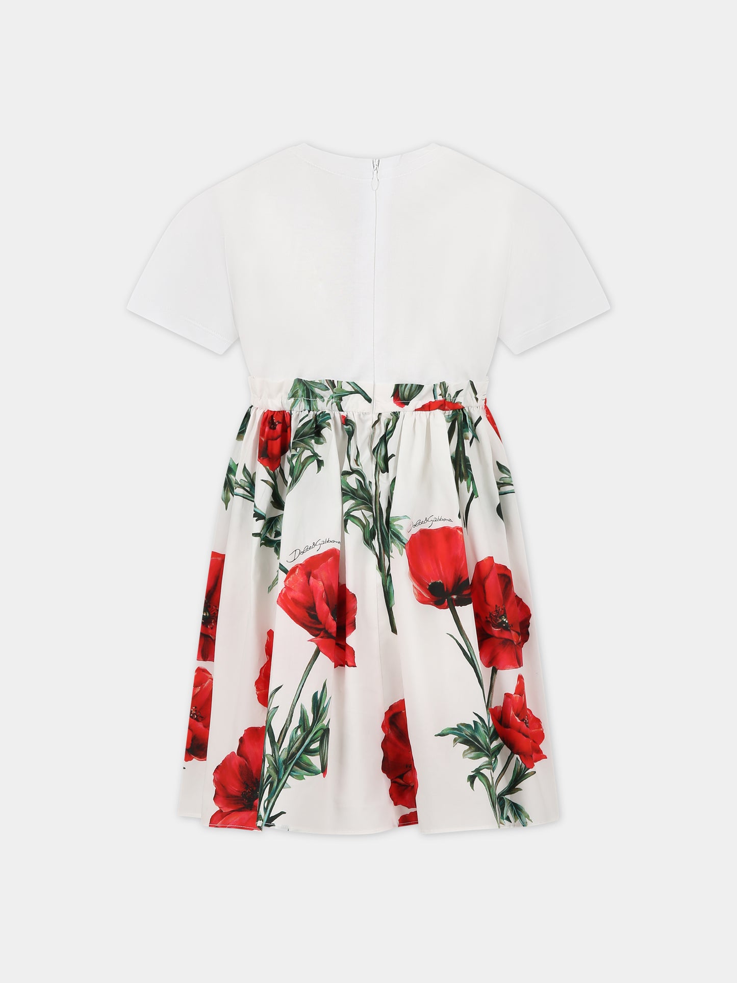 Vestito bianco per bambina con stampa papaveri e logo,Dolce & Gabbana Kids,L5JD4R G7G9L HA3VN