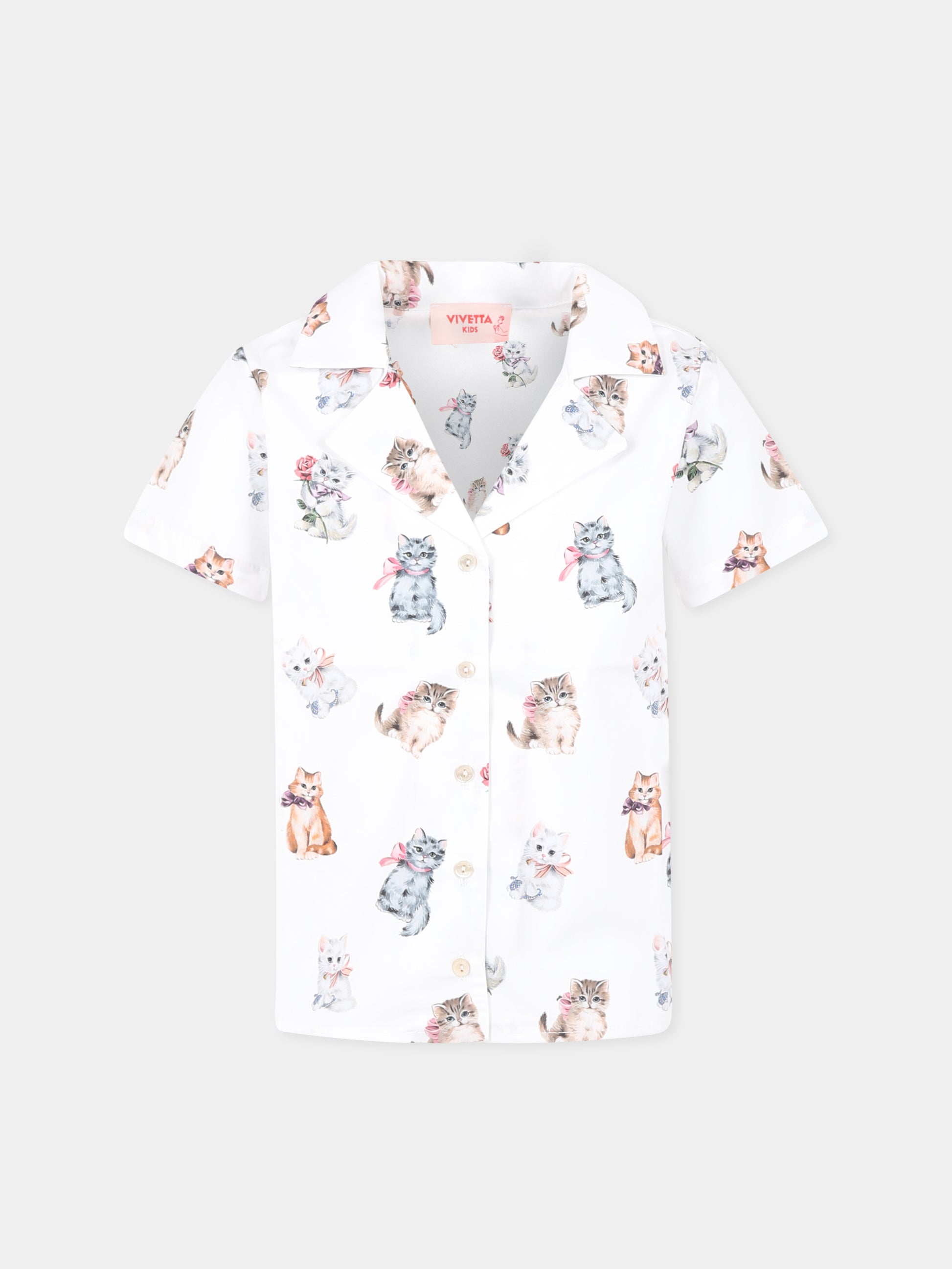 Camicia bianca per bambina con gatti all over,Vivetta Kids,VE2530B