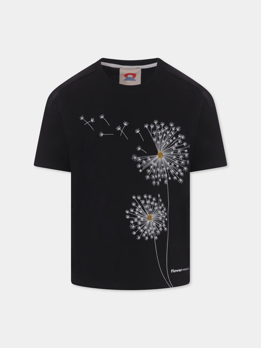 T-shirt nera per bambini con fiori e logo,Flower Mountain,0A01 0016002878 01 SABURO