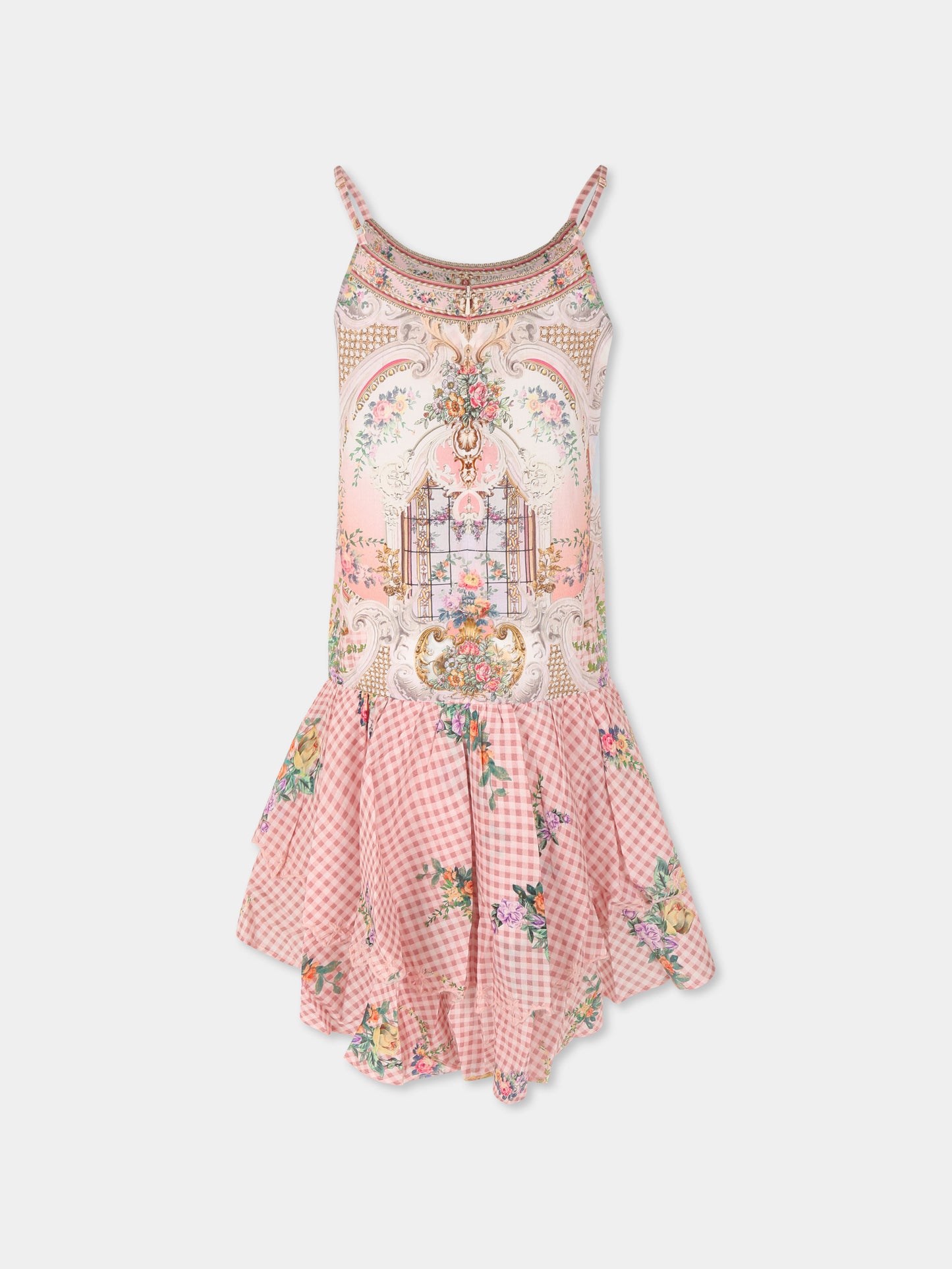 Vestito rosa per bambina con stampa floreale e strass,Camilla,00034331 LISBLULL