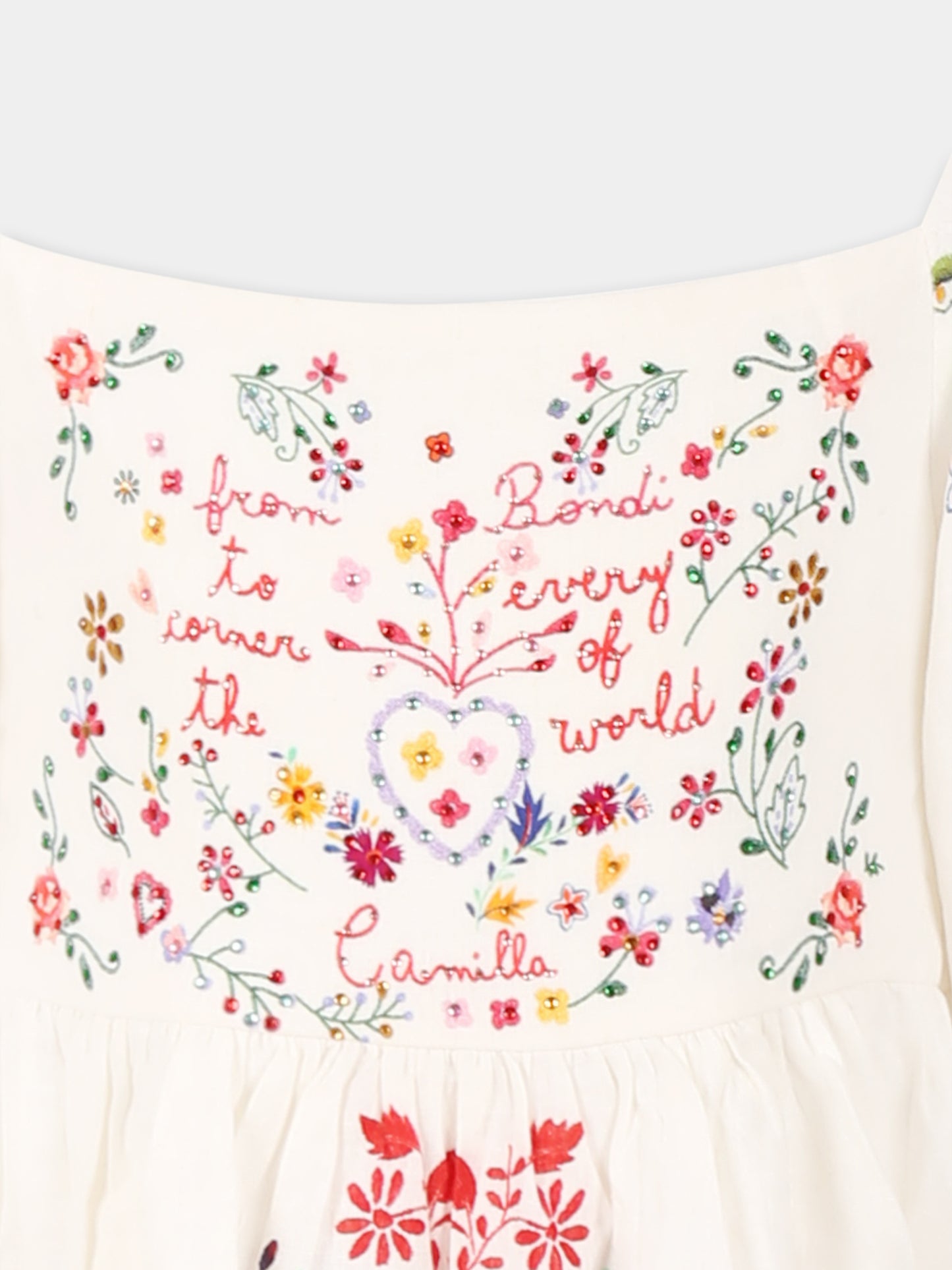 Vestito bianco per bambina con stampa floreale e strass,Camilla,00036254 FATHJUST
