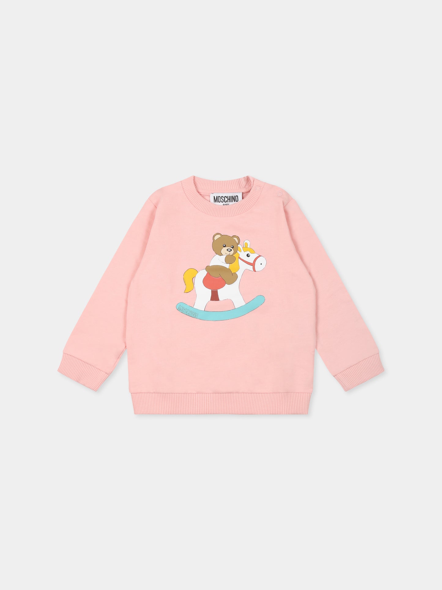 Felpa rosa per neonata con Teddy Bear e cavallo a dondolo,Moschino Kids,MYF04Q LCA19 50209