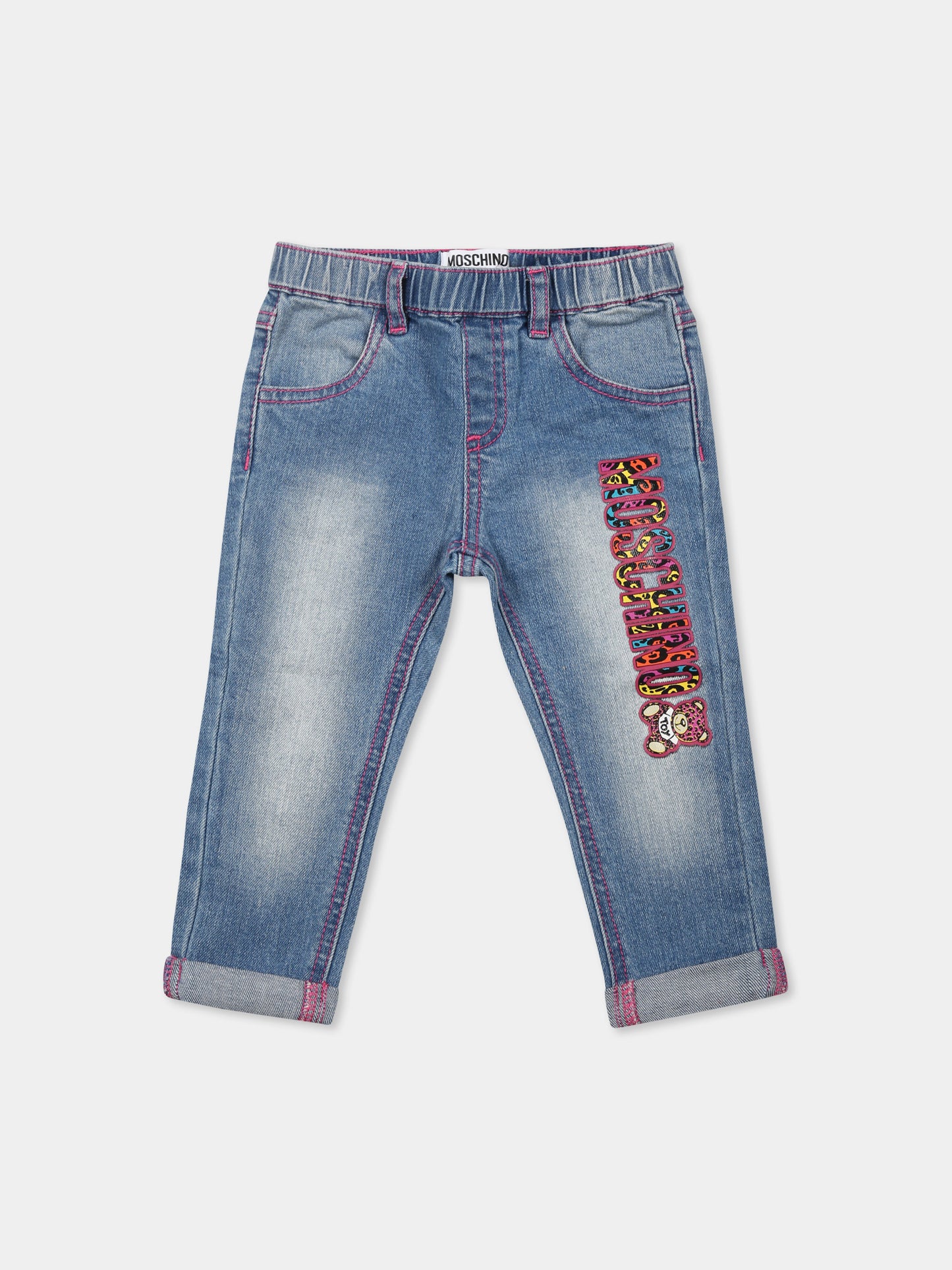 Jeans blu per neonata con Teddy Bear,Moschino Kids,MDP036 LXE16 40234