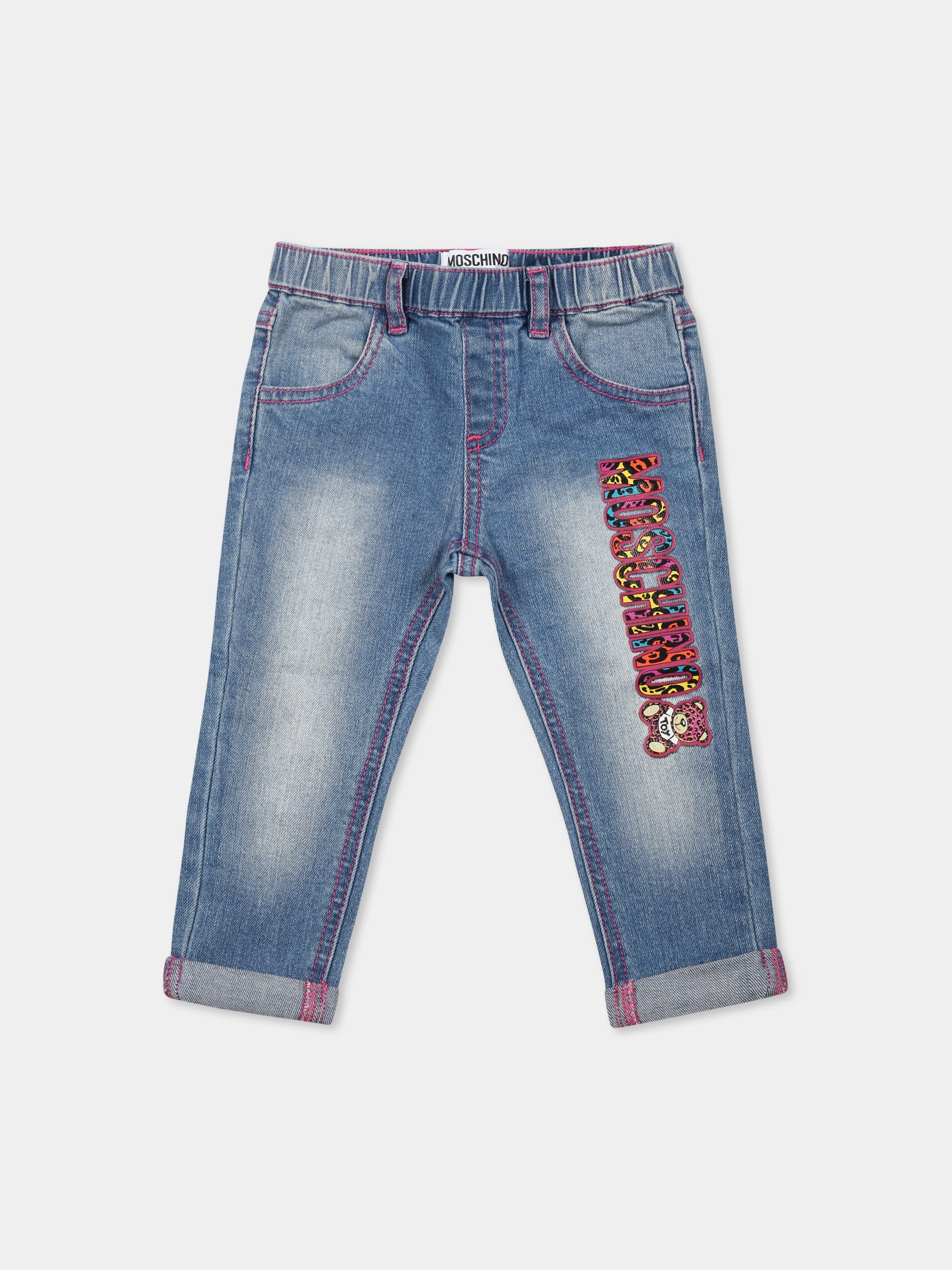 Jeans blu per neonata con Teddy Bear,Moschino Kids,MDP036 LXE16 40234