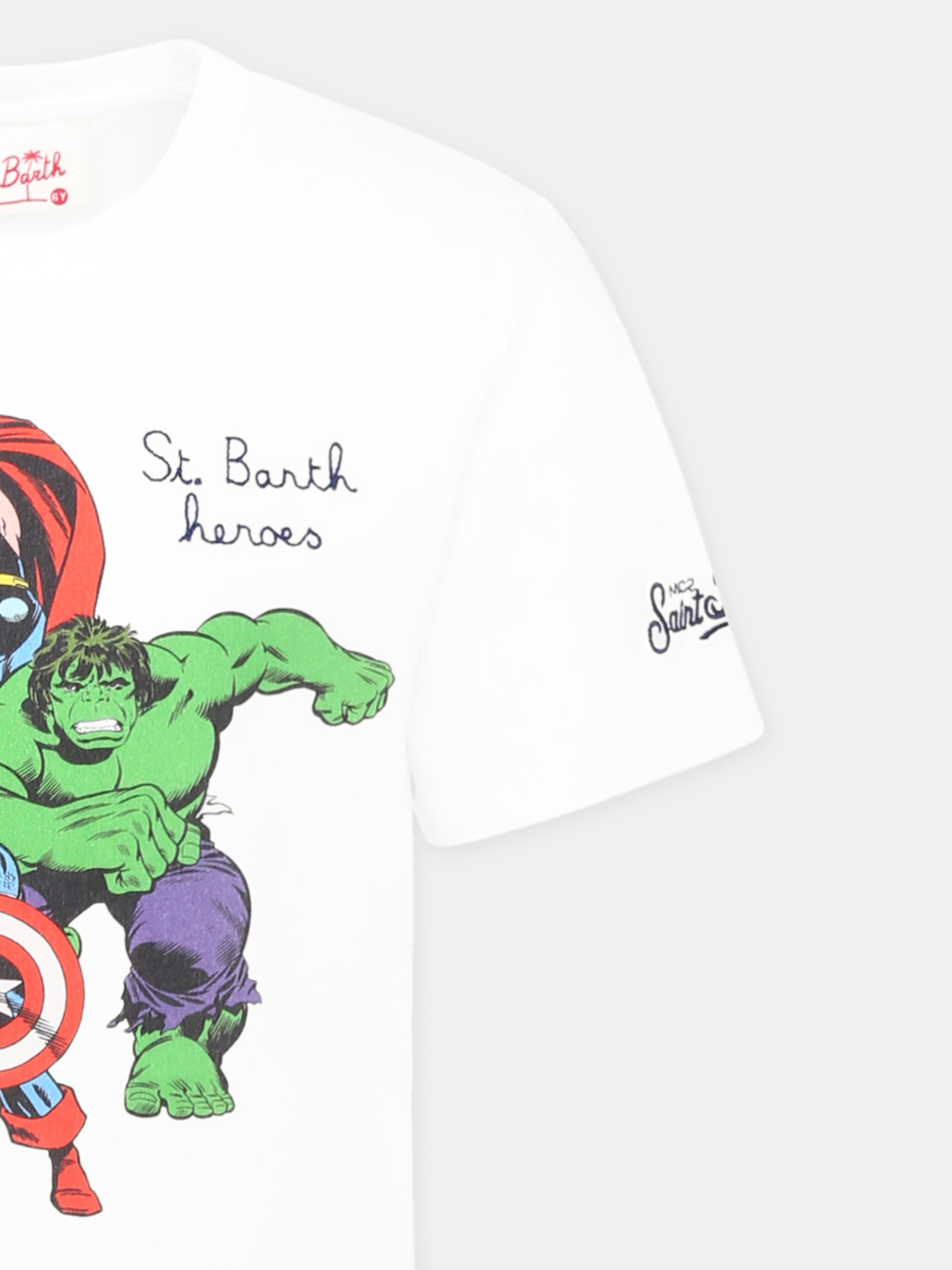 T-shirt bianca per bambino con stampa supereroi,Mc2 Saint Barth,TSH0001 01188H