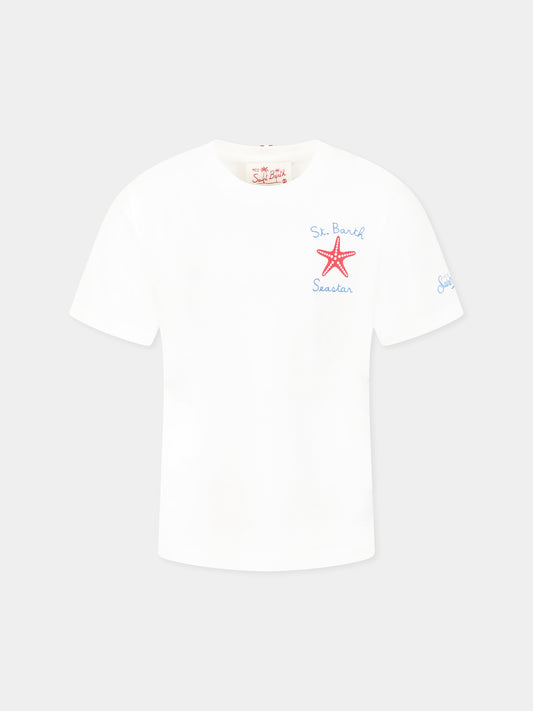 T-shirt bianca per bambino con stella marina e logo,Mc2 Saint Barth,POT0002 04720H
