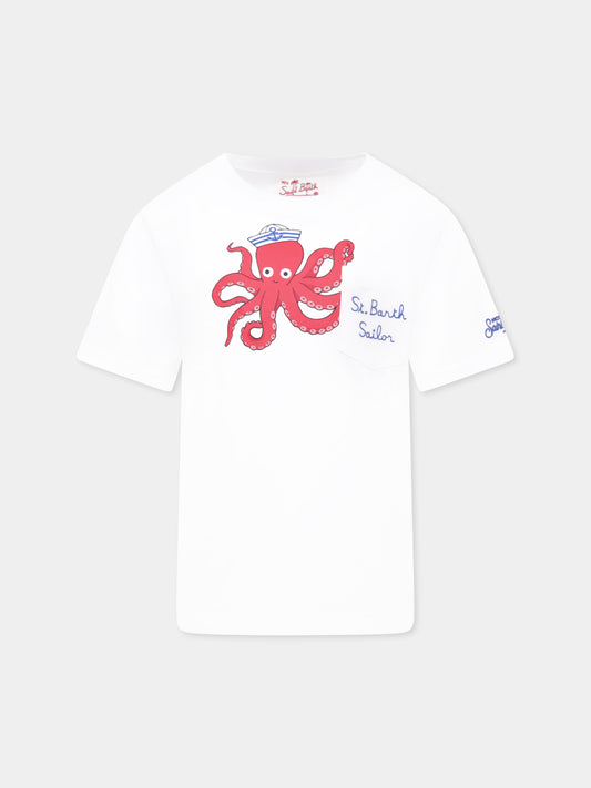 T-shirt blanc pour garçon avec poulpe