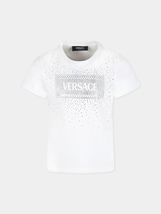 T-shirt bianca per bambina con cristalli e logo,Versace,1000052 1A11469 2W210