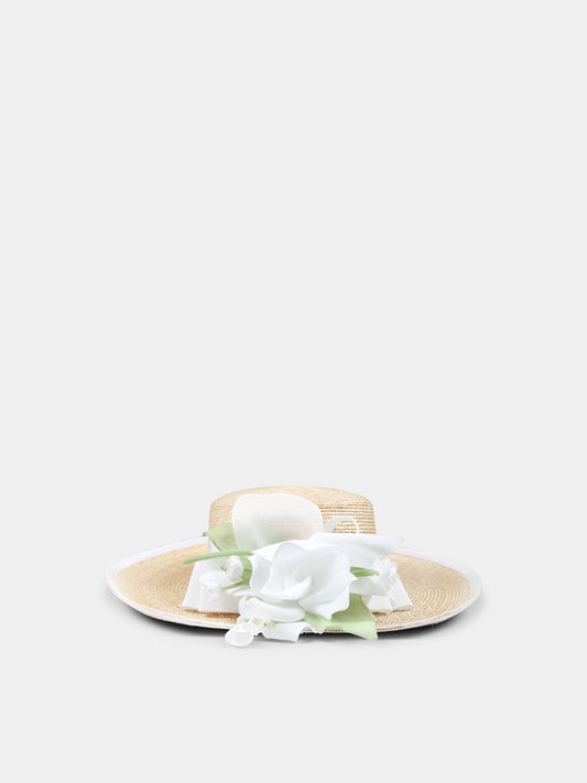 Cappello di paglia beige per bambina con apllicazioni floreali,Raffaella,CAPPELLO PAGLIA FARFALLA PONZA