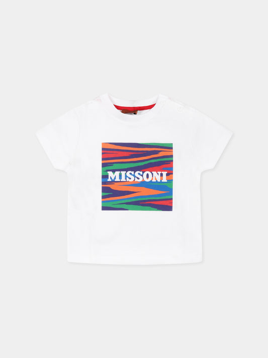 T-shirt bianca per neonato con stampa e logo,Missoni,MT8541 J0177 100