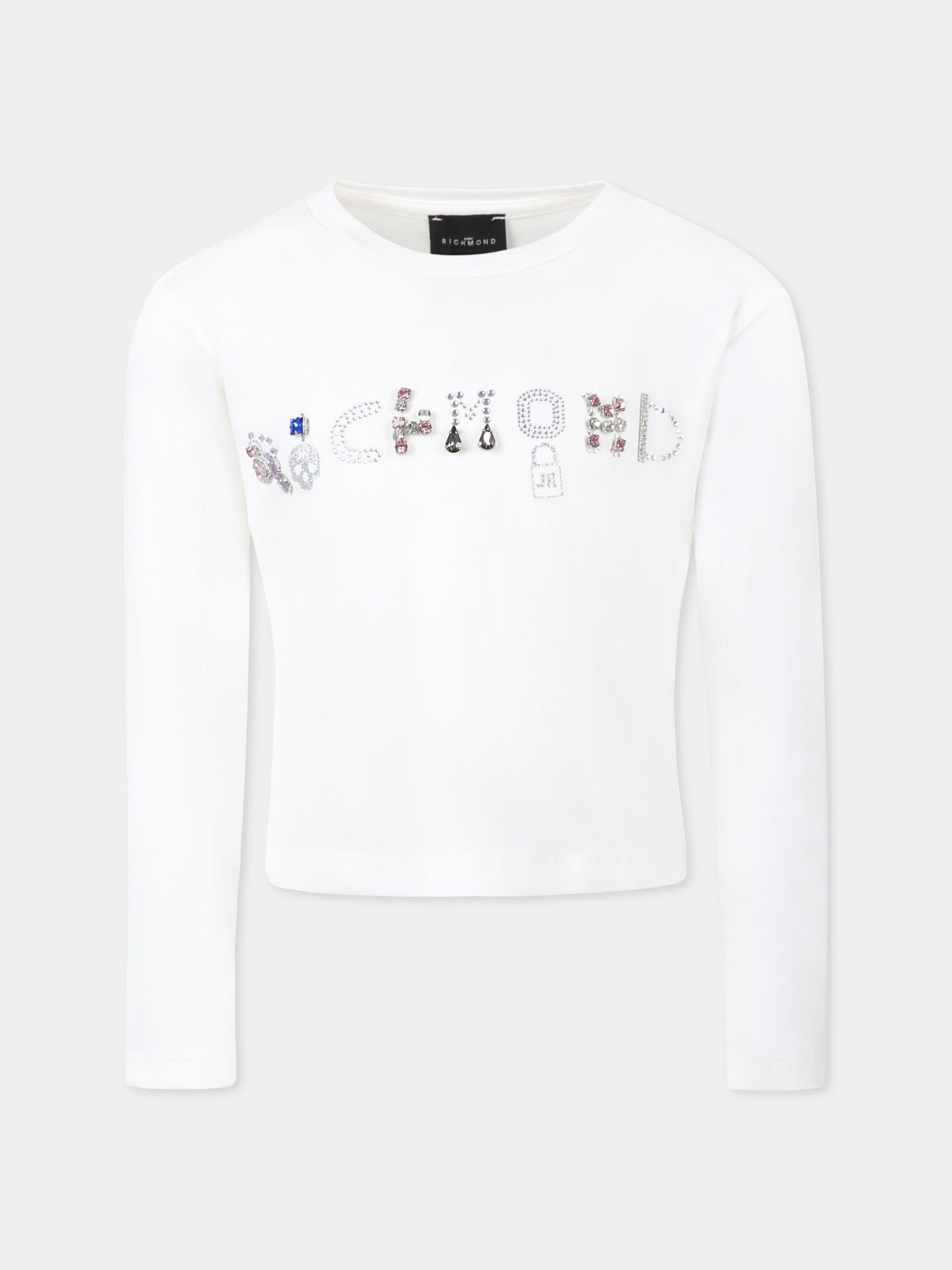 T-shirt bianca per bambina con logo e cristalli,Richmond,RGA24036TS OFF-WHITE