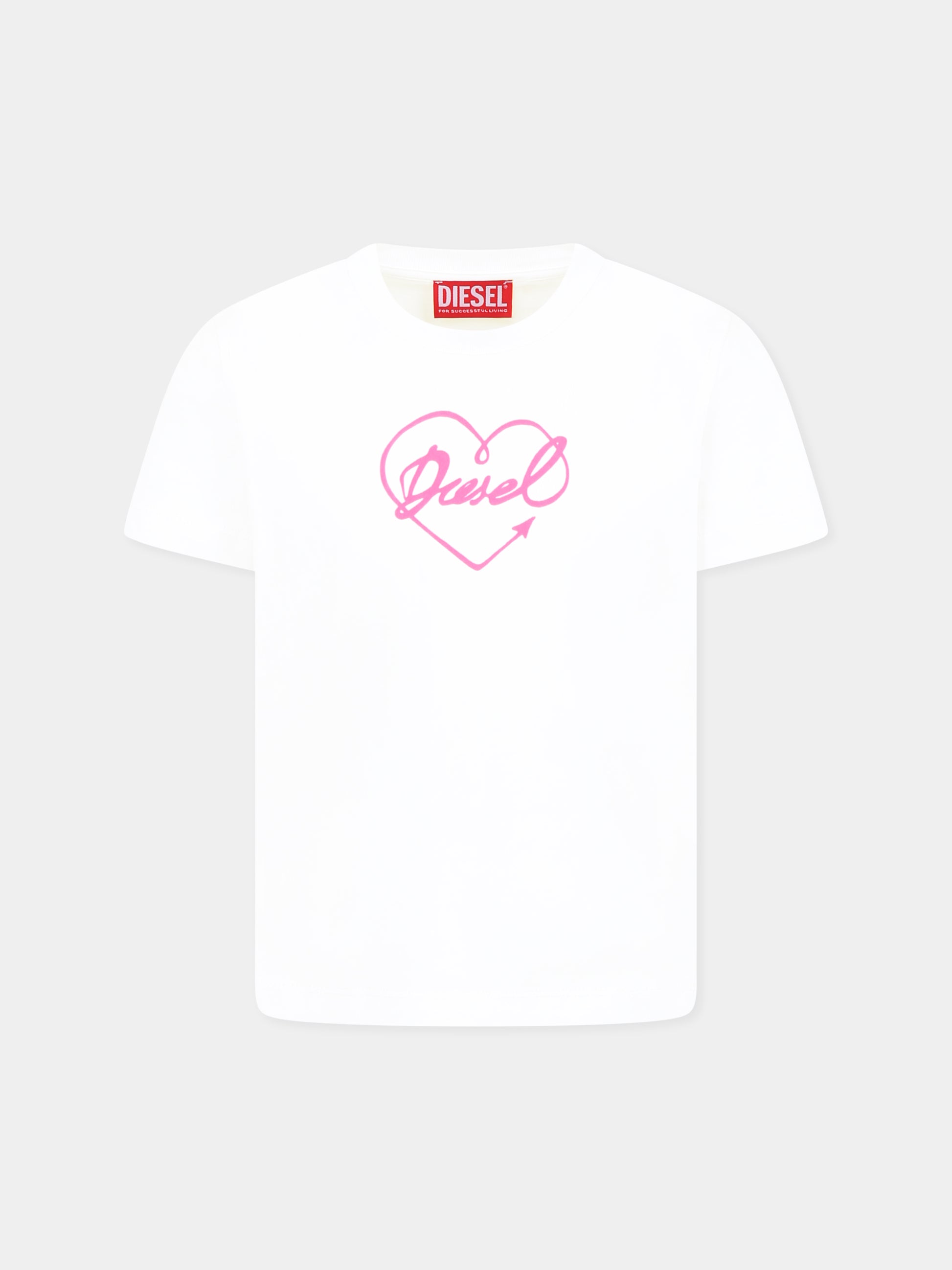 T-shirt bianca per bambina con cuore e logo,Diesel,J02026 KYAR1 K100