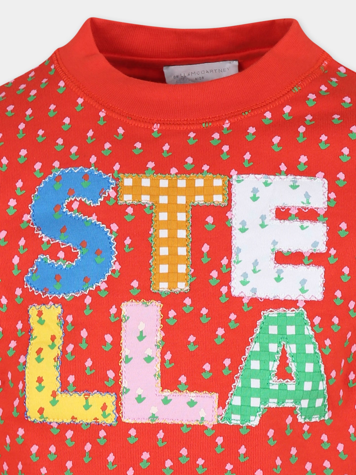 Felpa rossa per bambina con logo e fiori all over,Stella Mccartney Kids,TV4A10 Z2094 421MC