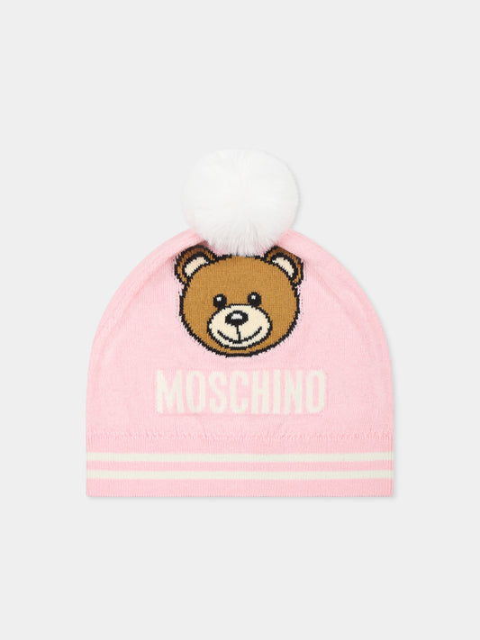 Berretto rosa per bambina con Teddy Bear,Moschino Kids,HUX02K LHE43 50209